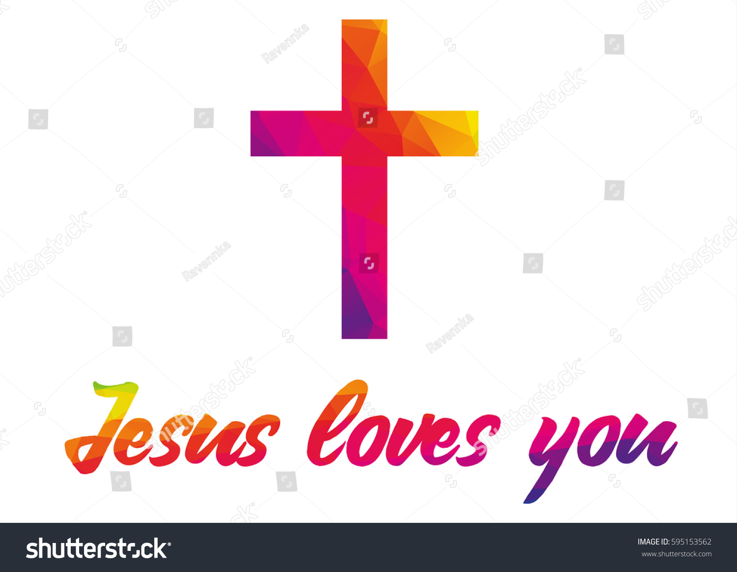 Poster with christian cross and quote Jesus loves you made of rainbow colorful polygonal abstract shapes