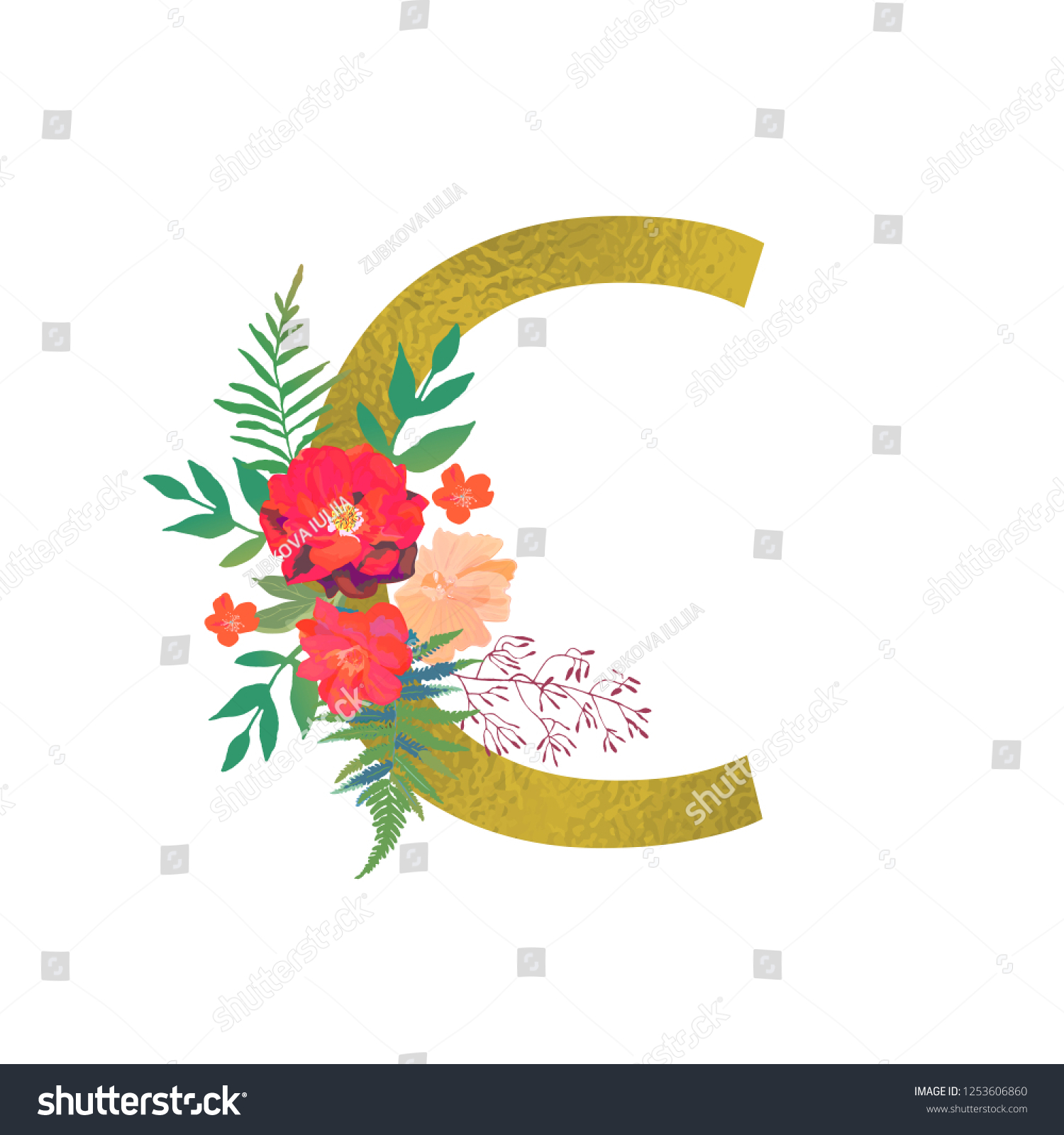 Poster Golden Letter C Floral Botanical Stock Vector (Royalty Free ...