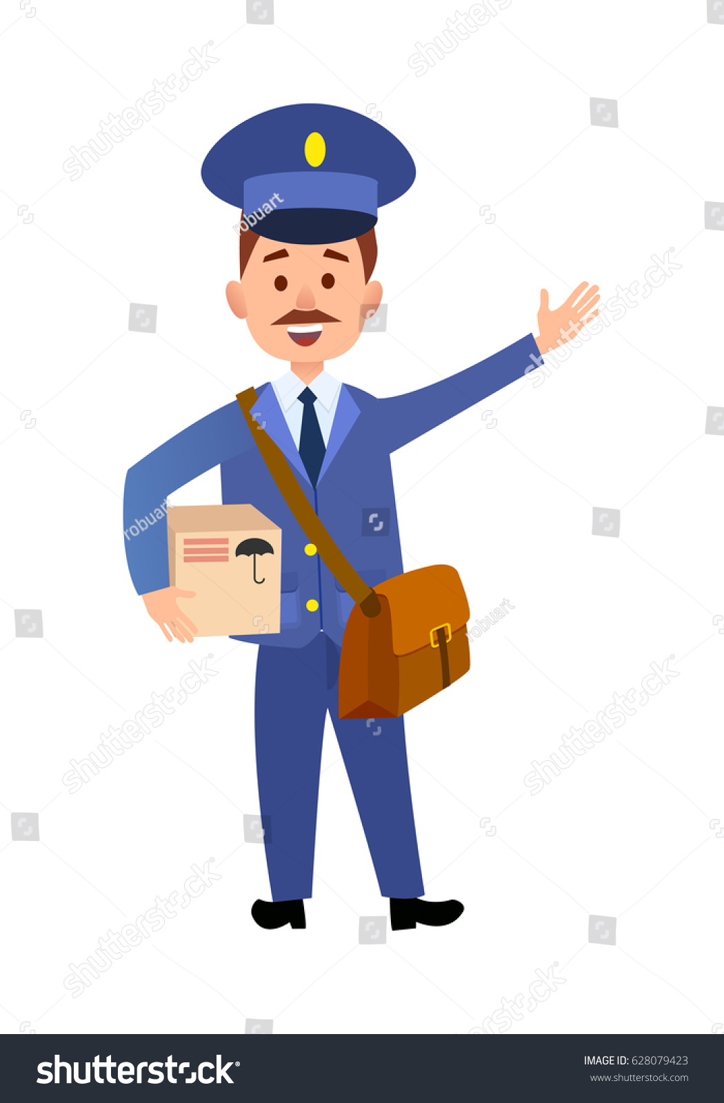 Postman Cartoon Character Blue Uniform Delivering Stock Vector 