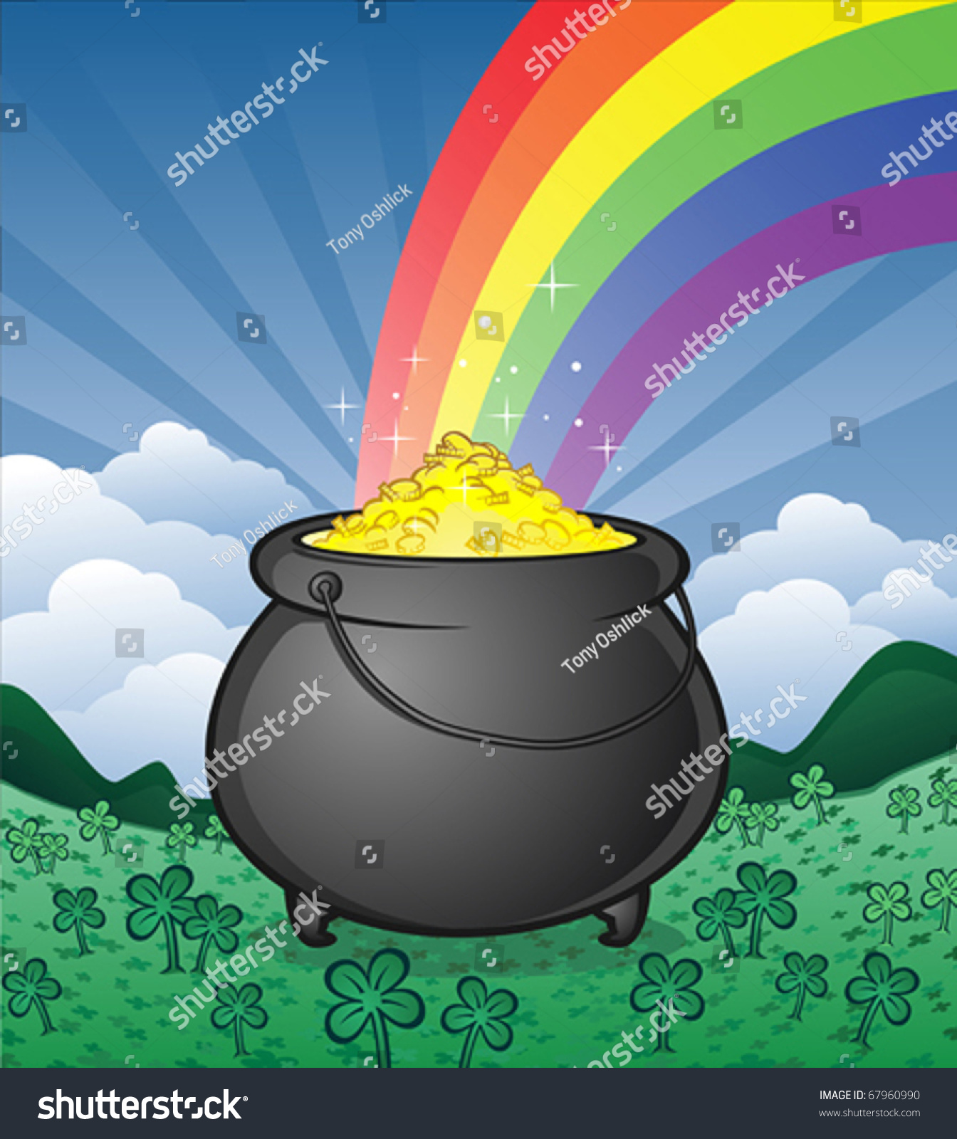 Pot Of Gold In A Shamrock Field Cartoon Stock Vector Illustration ...