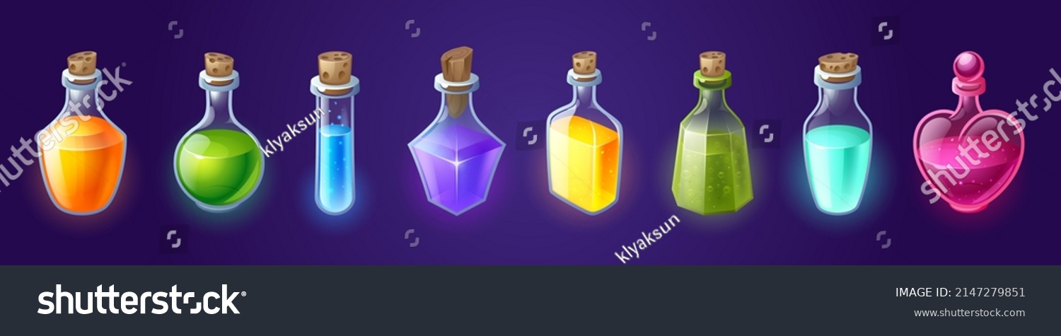 SVG of Potion bottles with magic elixir, cartoon glass flasks with colorful glowing liquid and corkwood plugs. Witch poison gui or ui game assets, alchemist apothecary vials, Vector illustration, icons set svg