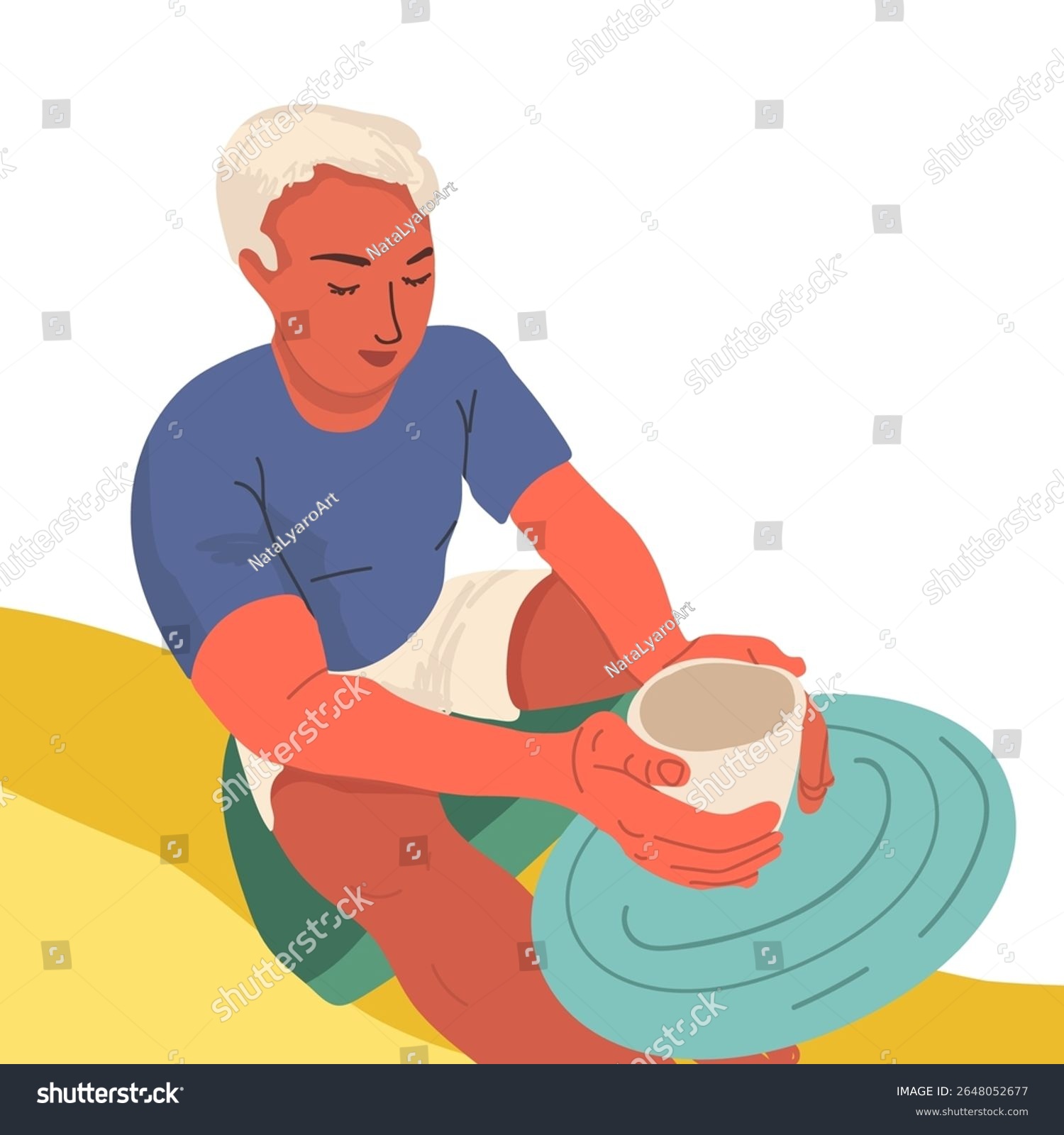 man pottery making, blue shirt, orange hands clip art preview