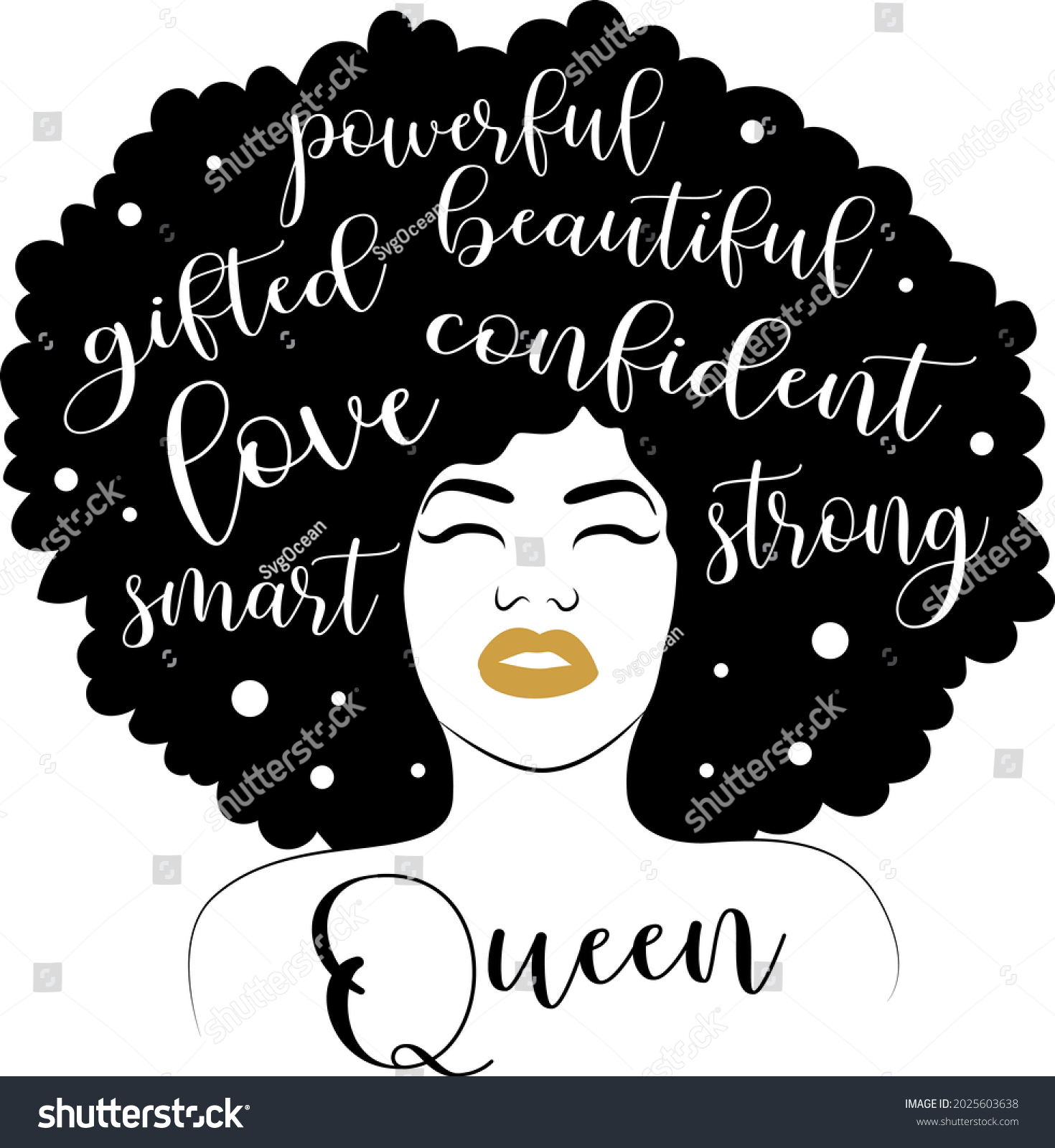 SVG of Powerful gifted beautiful queen lettering. Afro woman illustration vector svg