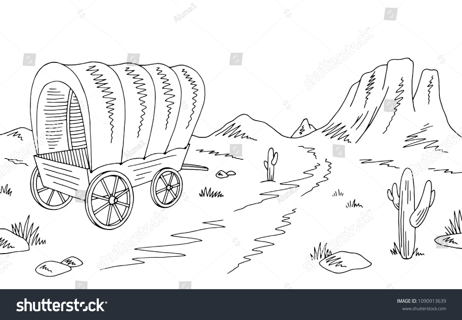 SVG of Prairie covered wagon graphic black white American desert sketch landscape illustration vector svg