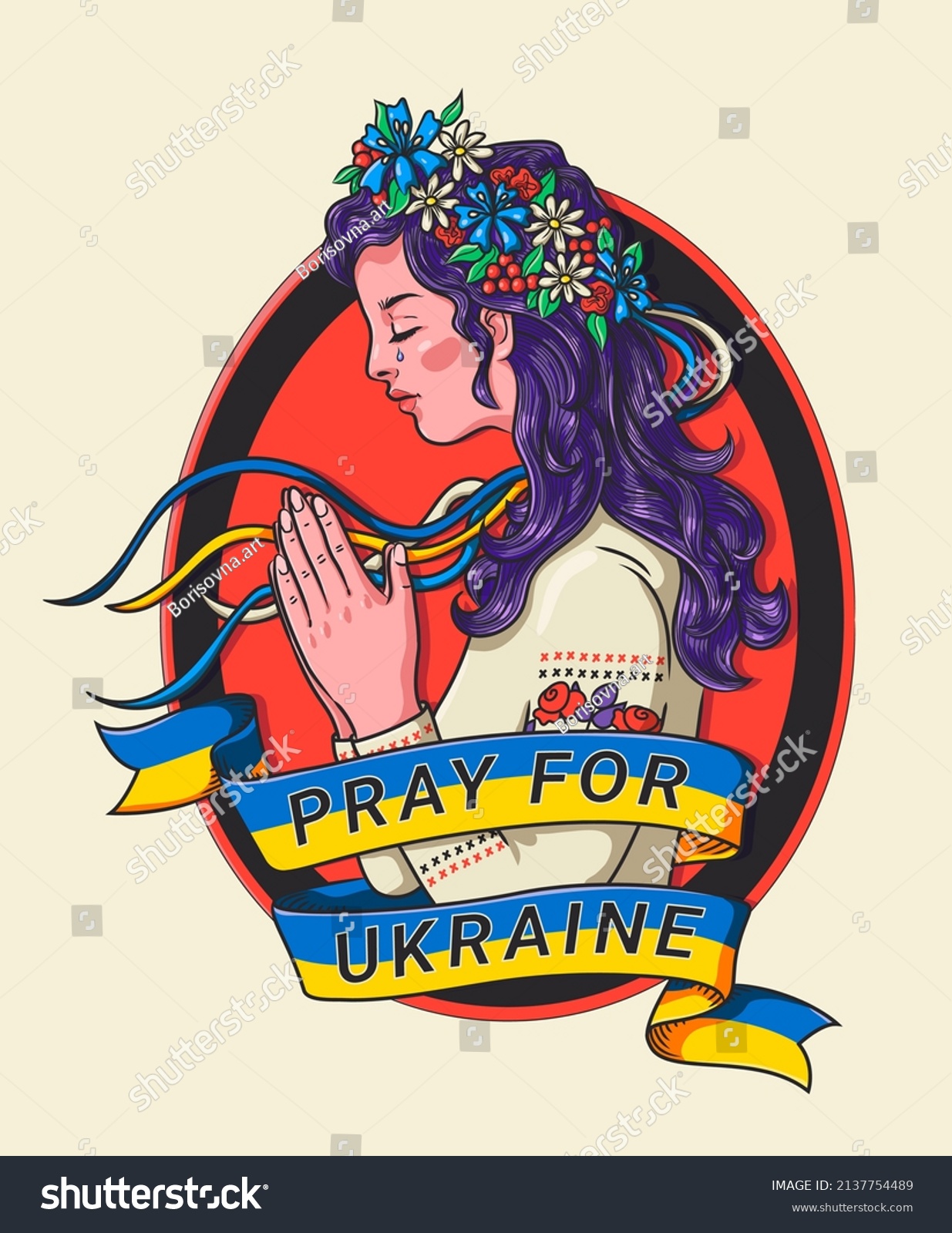 SVG of Pray for Ukraine vector illustration. Art for supporting Ukraine during the Russian invasion. A young girl in national vishivanka asking God for help. svg