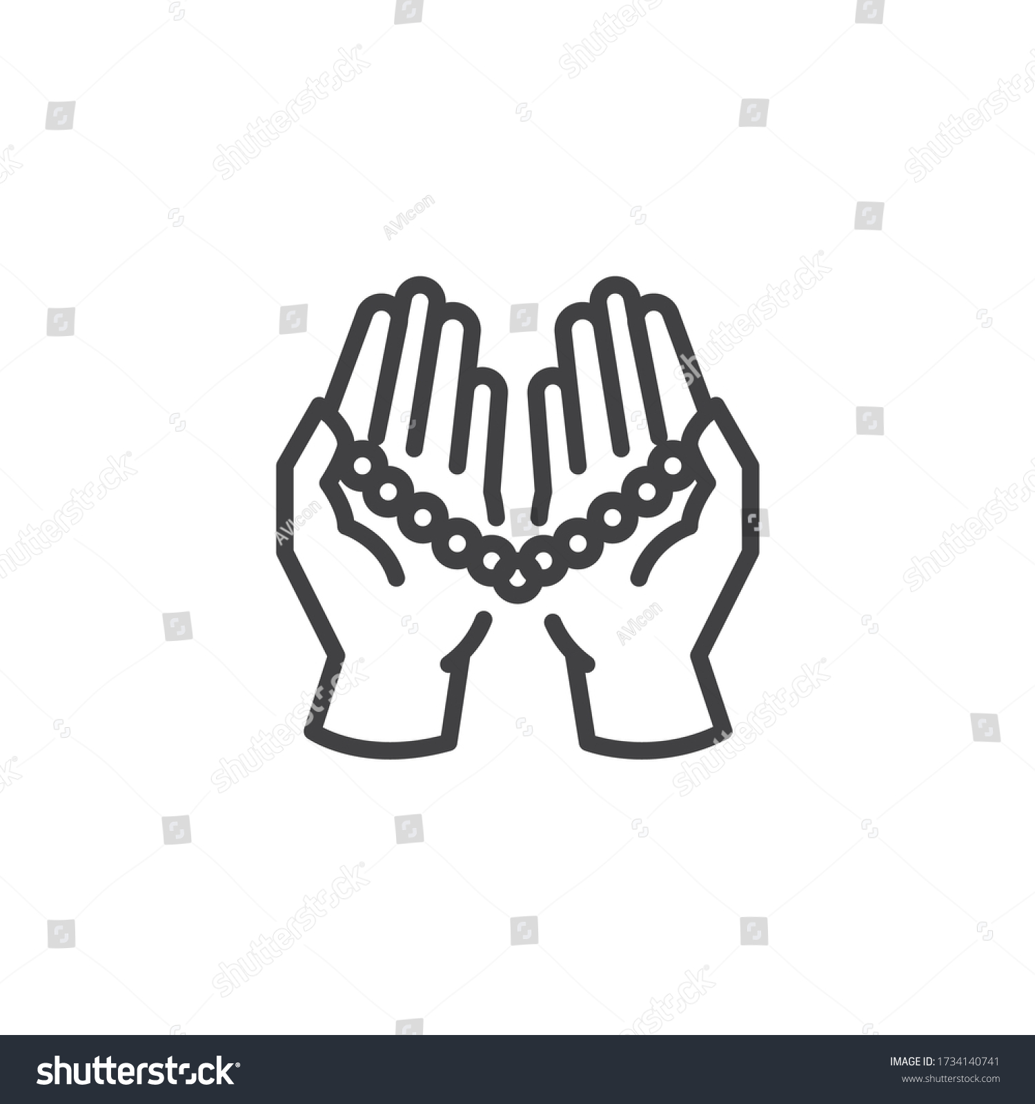 SVG of Praying hands holding Rosary (Tasbih) line icon. linear style sign for mobile concept and web design. Hands with rosary beads outline vector icon. Symbol, logo illustration. Vector graphics svg