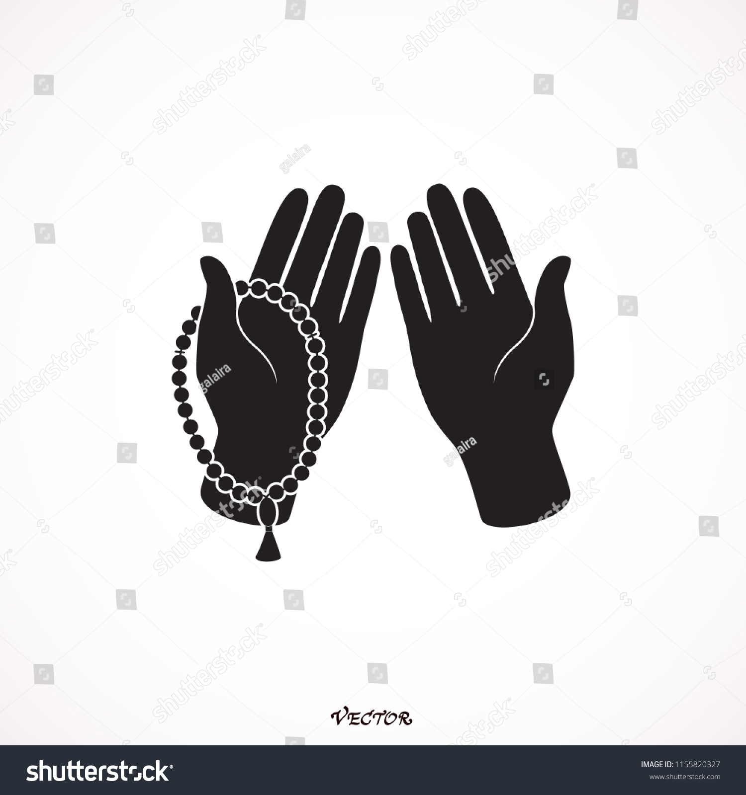 SVG of Praying human hands holding Rosary (Tasbih) in front of Mosque for Muslim community Festival of Sacrifice, Eid-Al-Adha celebration. svg