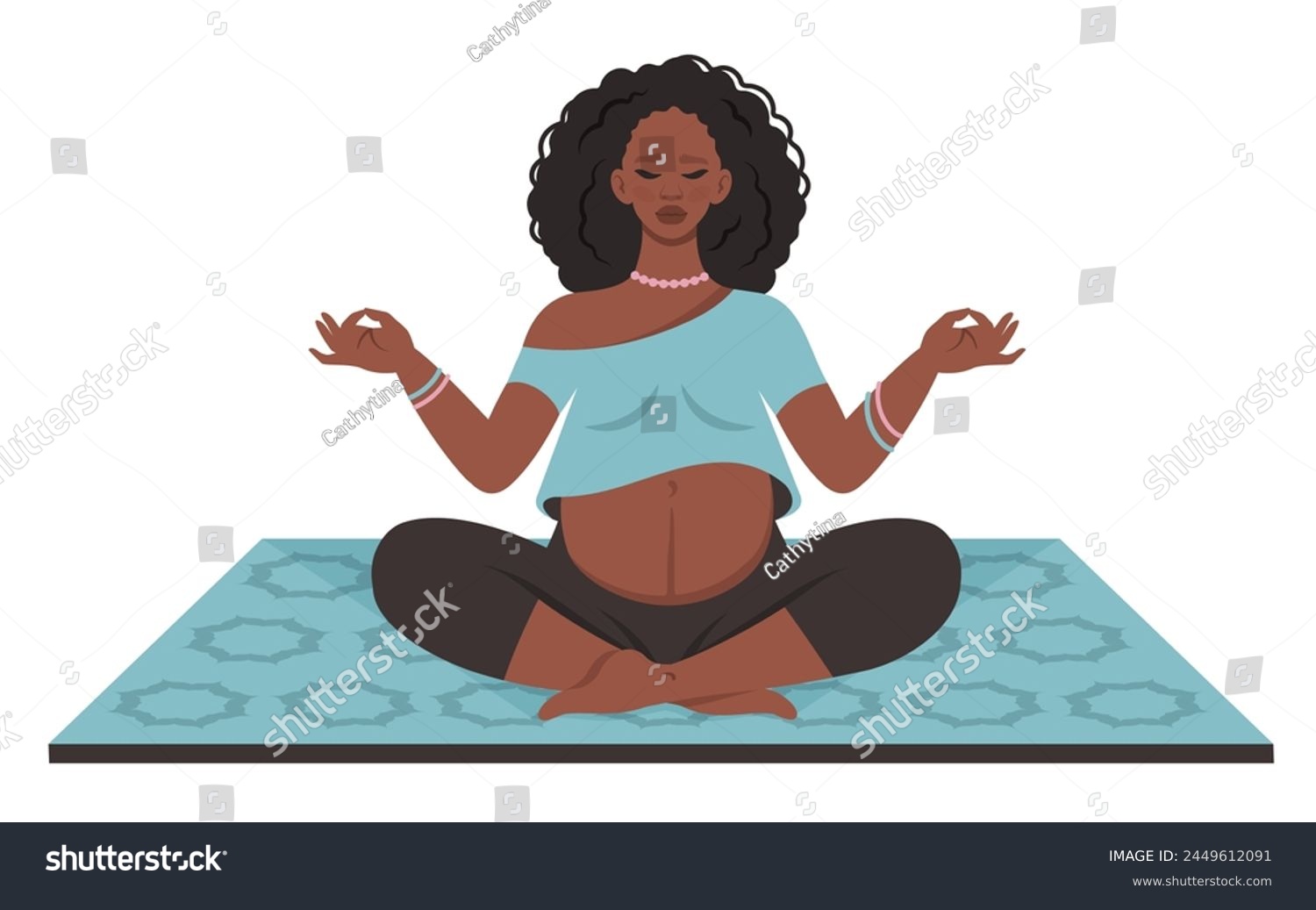 SVG of Pregnant Mom with belly practicing prenatal yoga. Pregnant african woman doing yoga on mat. Pregnant Black woman meditating, relaxing. Healthy lifestyle, bodycare, care for future child. Vector  svg