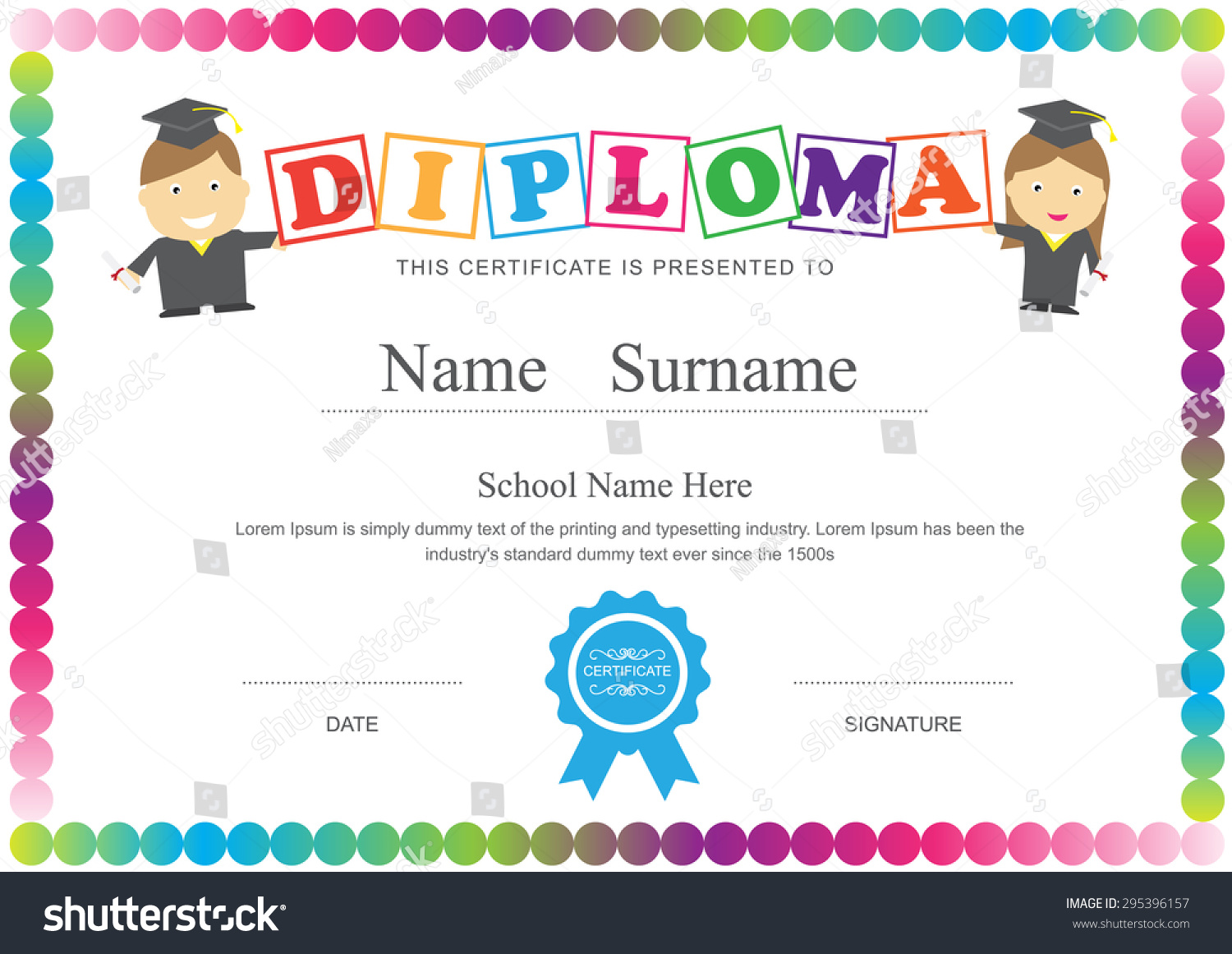 preschool kids diploma certificate design template stock vector