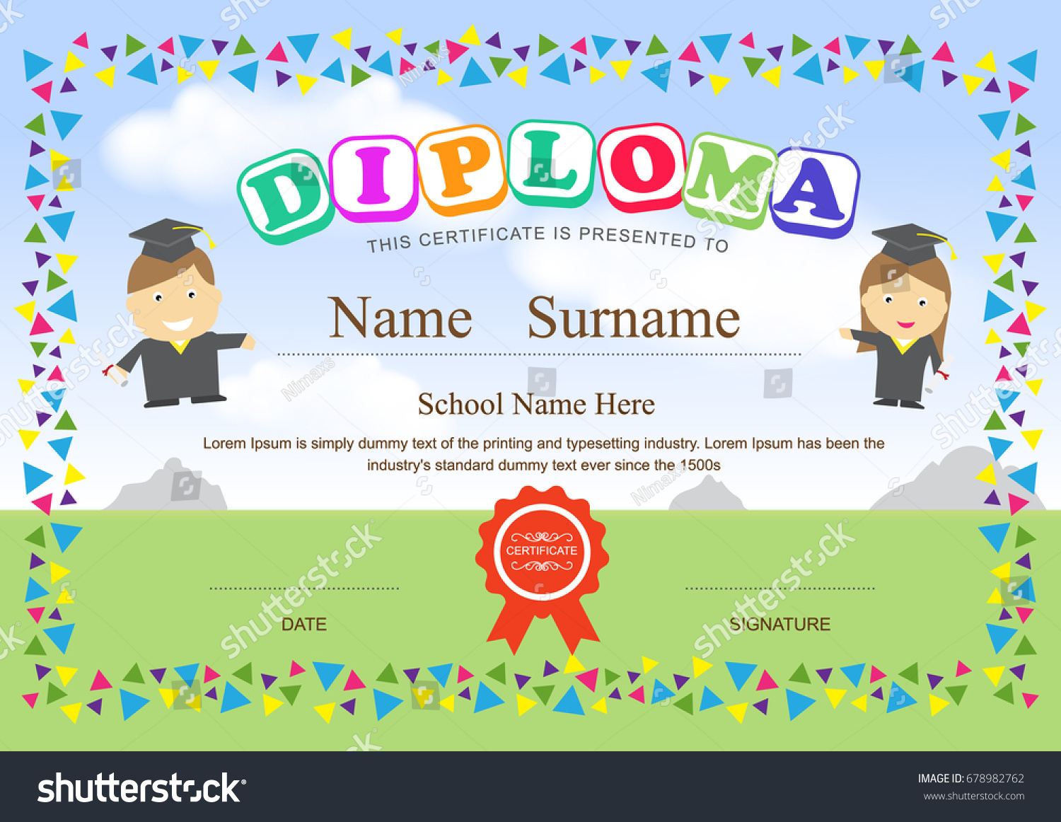 Preschool Kids Diploma Certificate Design Template Stock Vector ...