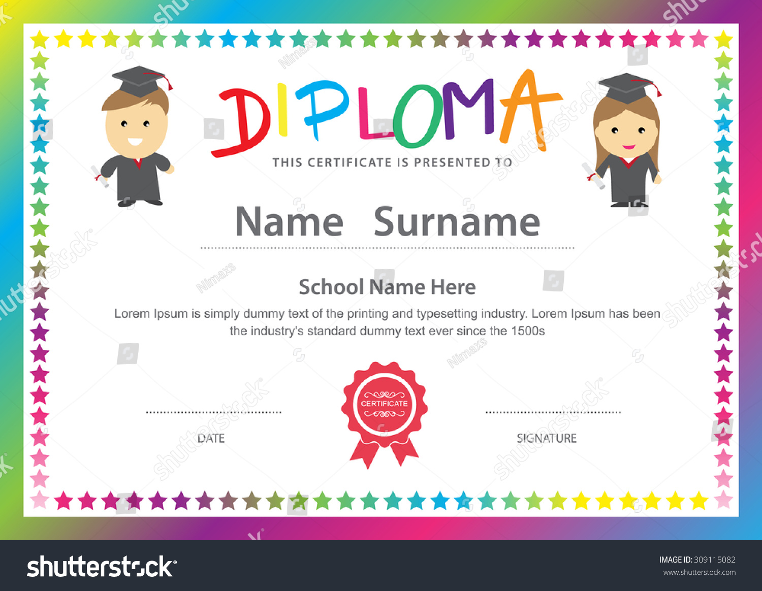 Preschool Kids Elementary School Diploma Certificate Stock Vector ...