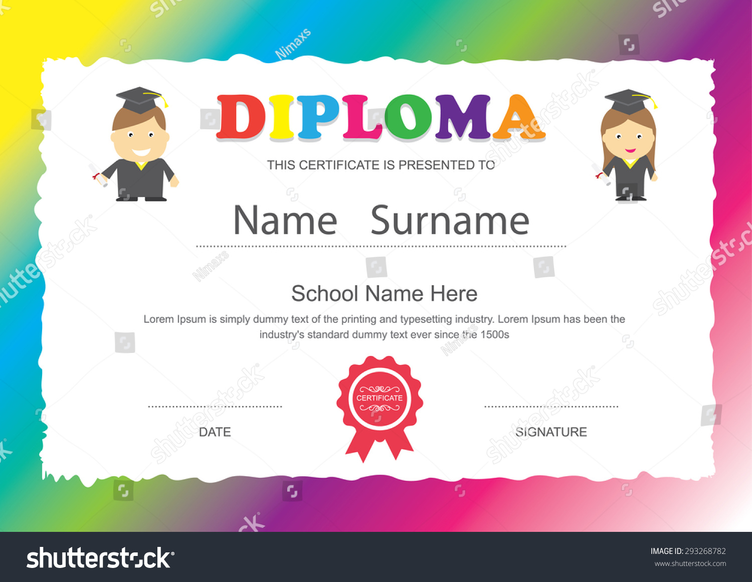 Preschool Kids Elementary School Diploma Certificate Design Template ...