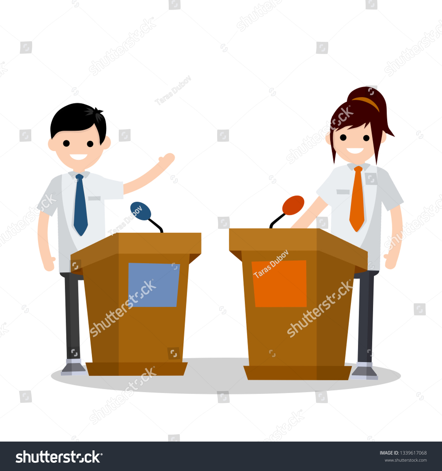 SVG of Presidential debate. Dialogue between man and woman behind the podium. speech of lecturer at lectures. Political election and voting. Controversy girl and guy in suits. Red vs blue. Flat cartoon svg
