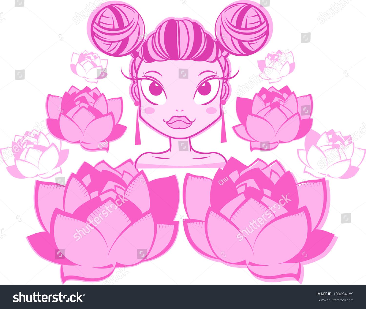 Pretty Cartoon Asian Girl Pink Flowers Stock Vector Royalty Free