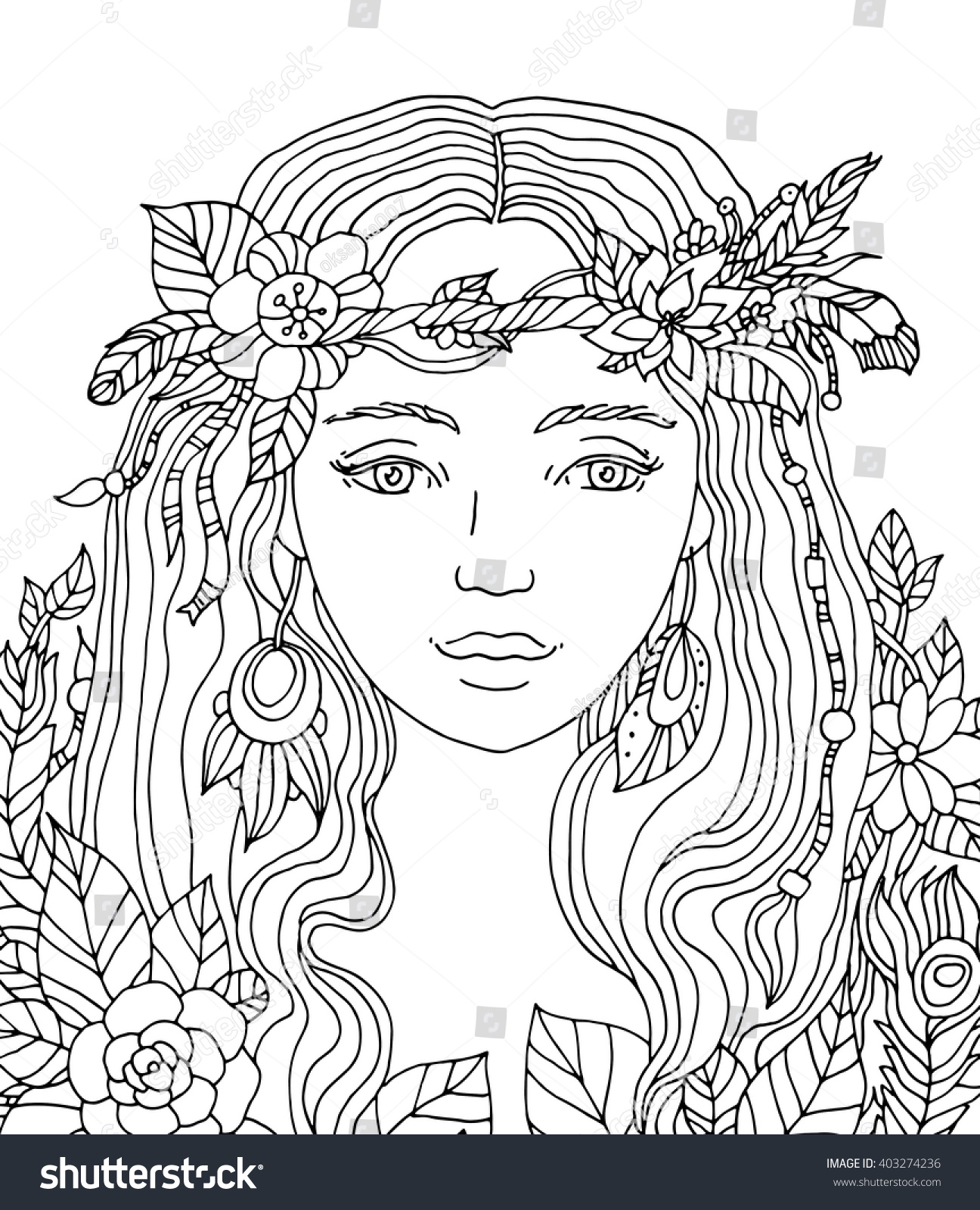 Pretty elegant girl floral wreath Coloring book page for adult Vector artwork