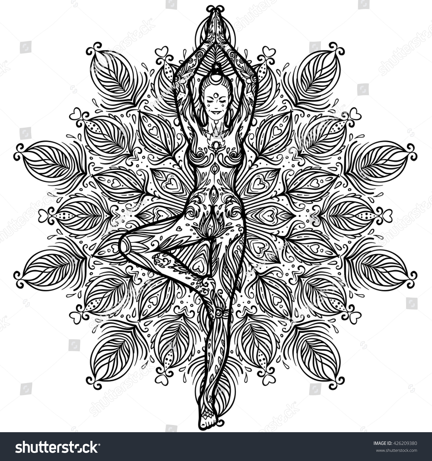 Pretty girl in vrikshasana tree yoga pose over ornate round mandala pattern Design