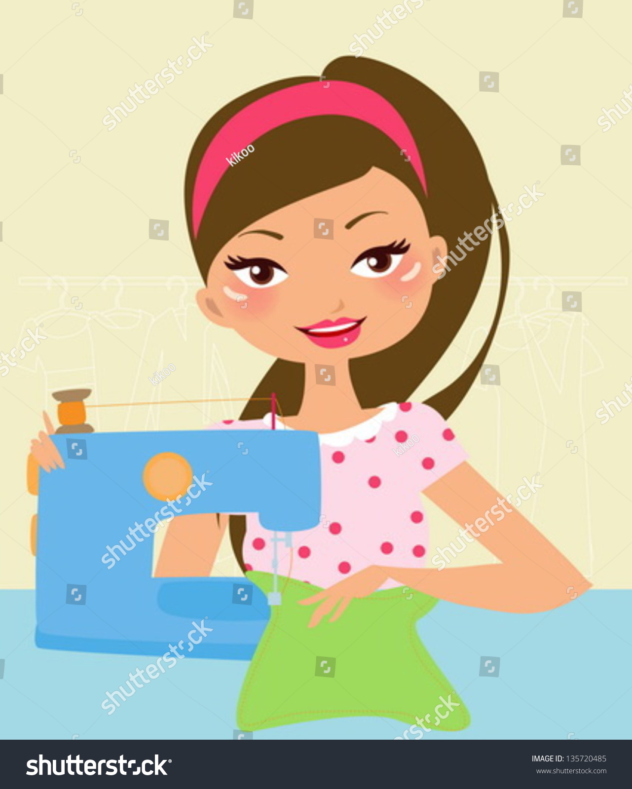 Pretty Girl Using Sewing Machine Stock Vector 135720485 - Shutterstock