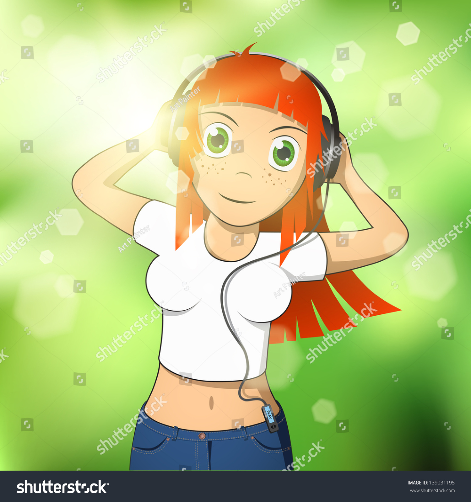 Pretty Young Anime Girl Listening Music On Headphones. Stock Vector ...