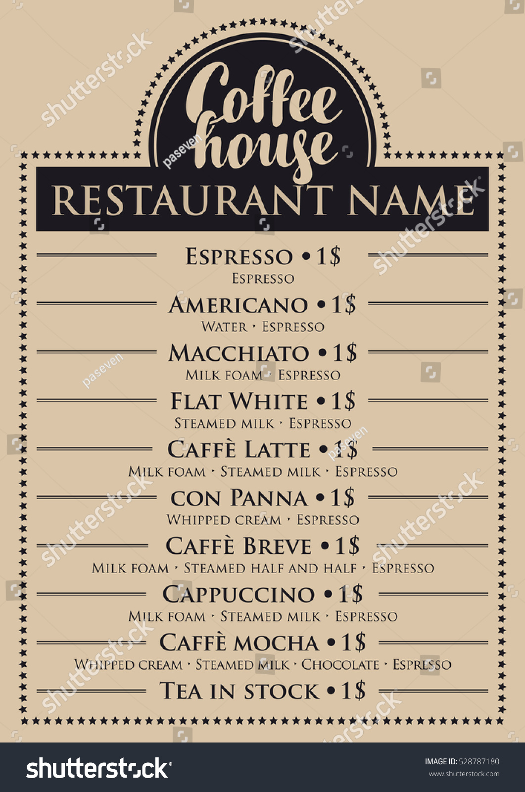 Price List Menu Coffee House Different Stock Vector Royalty Free