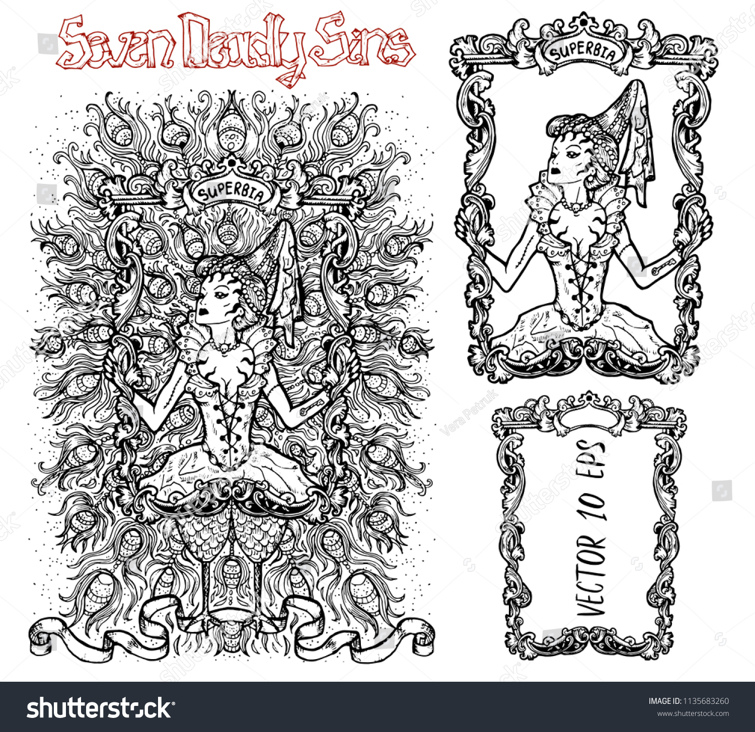 プライド ラテン語のスーパービアは虚栄心を意味する 7つの大罪のコンセプト 黒と白のベクター画像セットとフレーム 手描きの彫刻イラスト タトゥー Tシャツ 宗教シンボル のベクター画像素材 ロイヤリティフリー