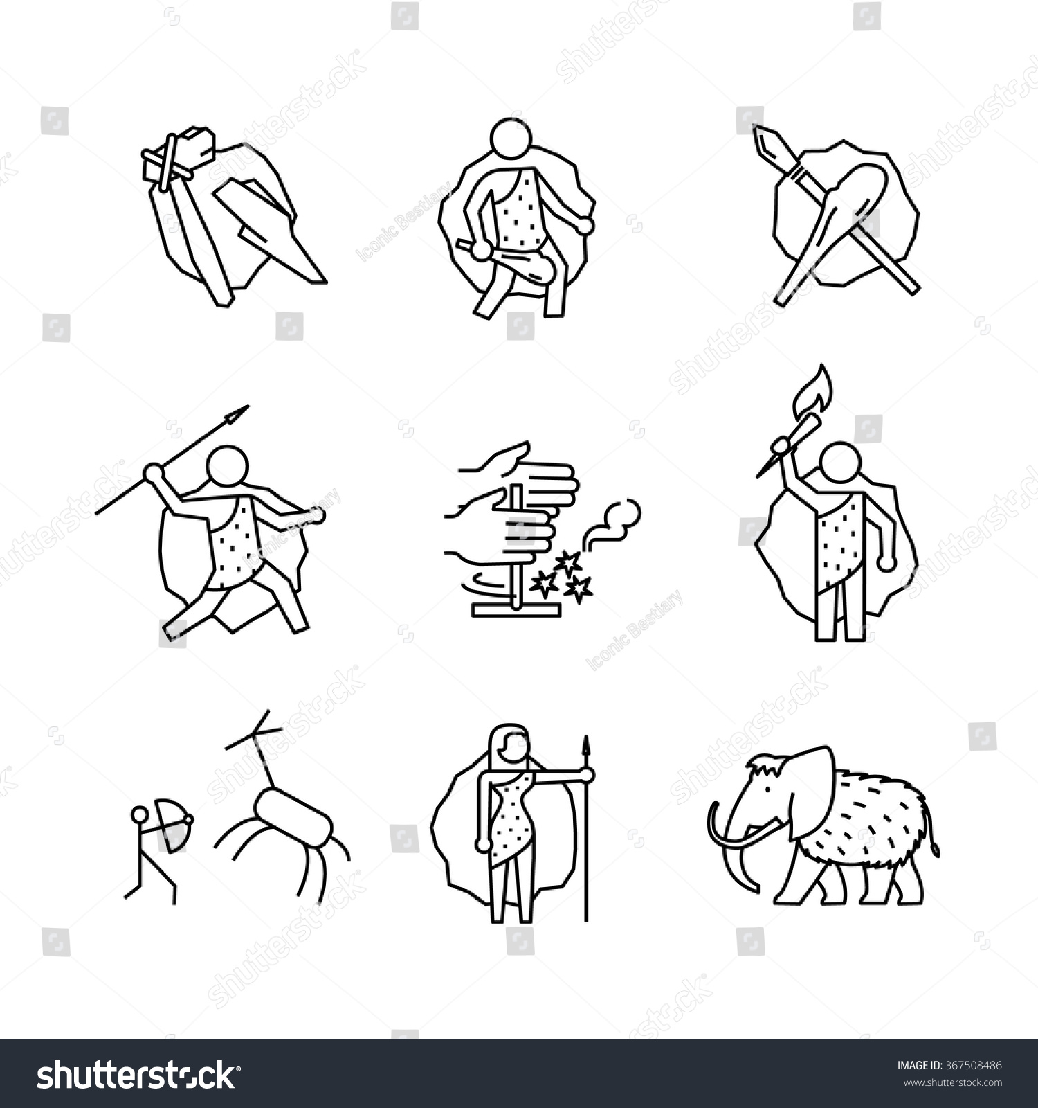 SVG of Primitive prehistoric caveman of ice age signs set. Thin line art icons. Linear style illustrations isolated on white. svg