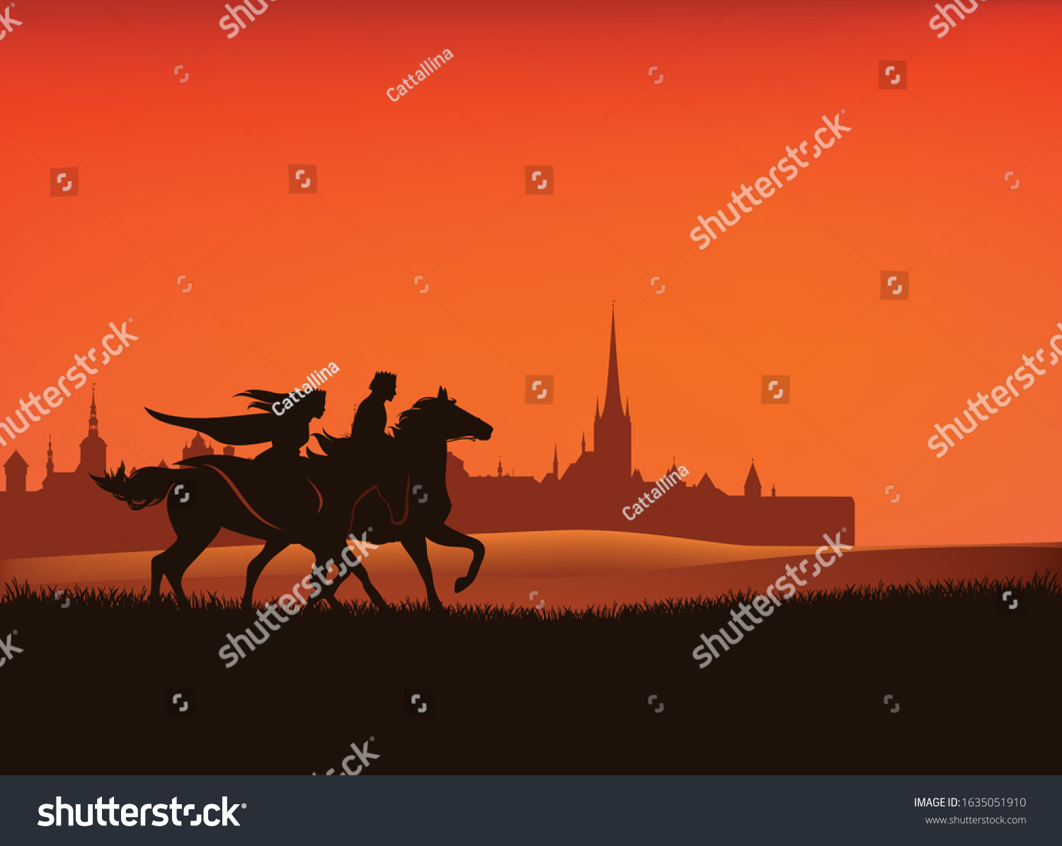 Prince Princess Riding Horses Sunset Field Stock Vector (Royalty Free ...