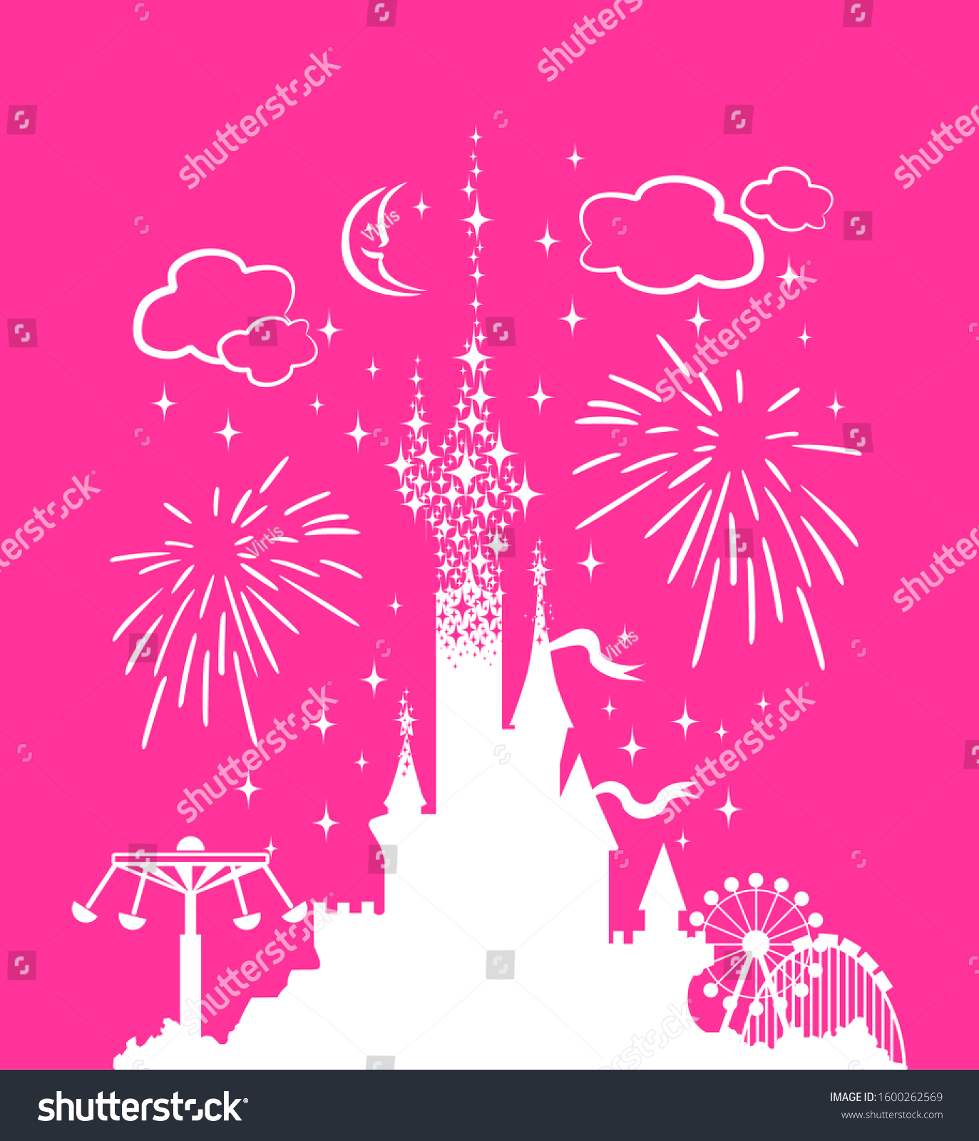 SVG of Princess Castle. Fantasy pink palace on the background of fireworks and stars. Fairytale Royal Medieval Paradise Palace. Cartoon vector illustration. svg