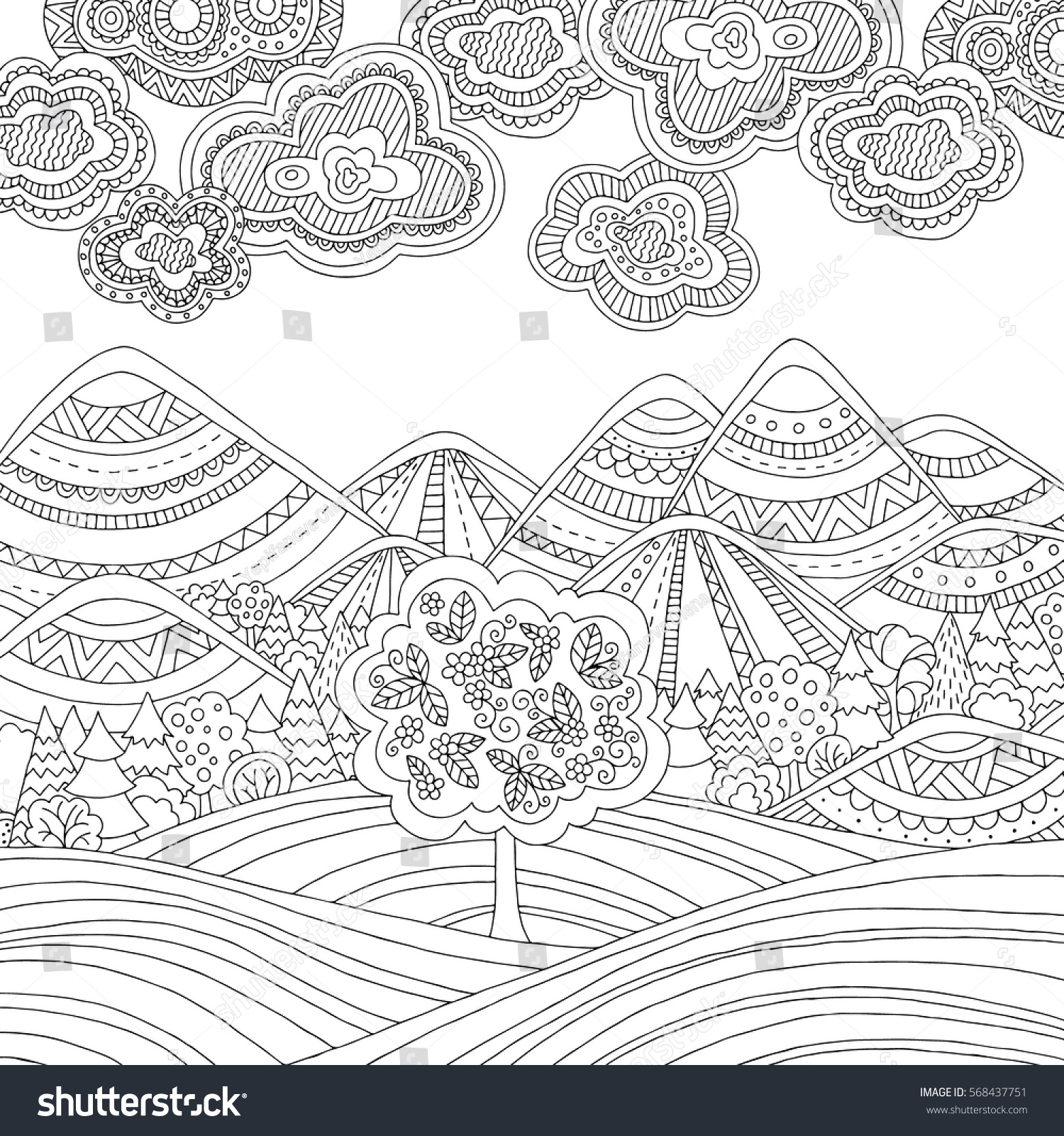 Download Printable Coloring Page Adults Mountain Landscape Stock Vector (Royalty Free) 568437751 ...