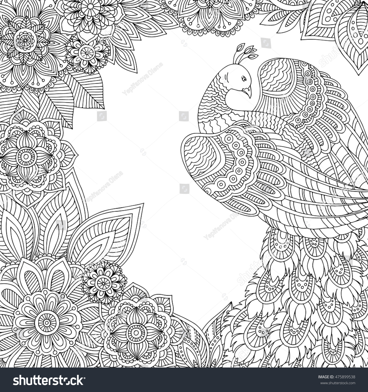Download Printable Coloring Page Adults Peacock Leaves Stock Vector 475899538 - Shutterstock