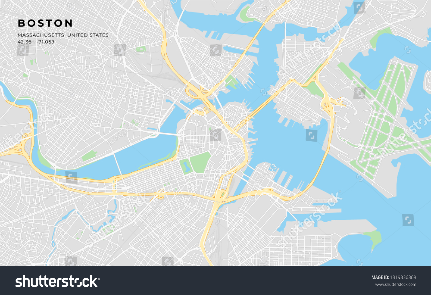 SVG of Printable streetmap of Boston including highways, major roads, minor roads and bigger railways. The name of the city and the geographic data are grouped and can be removed if they are not needed. svg