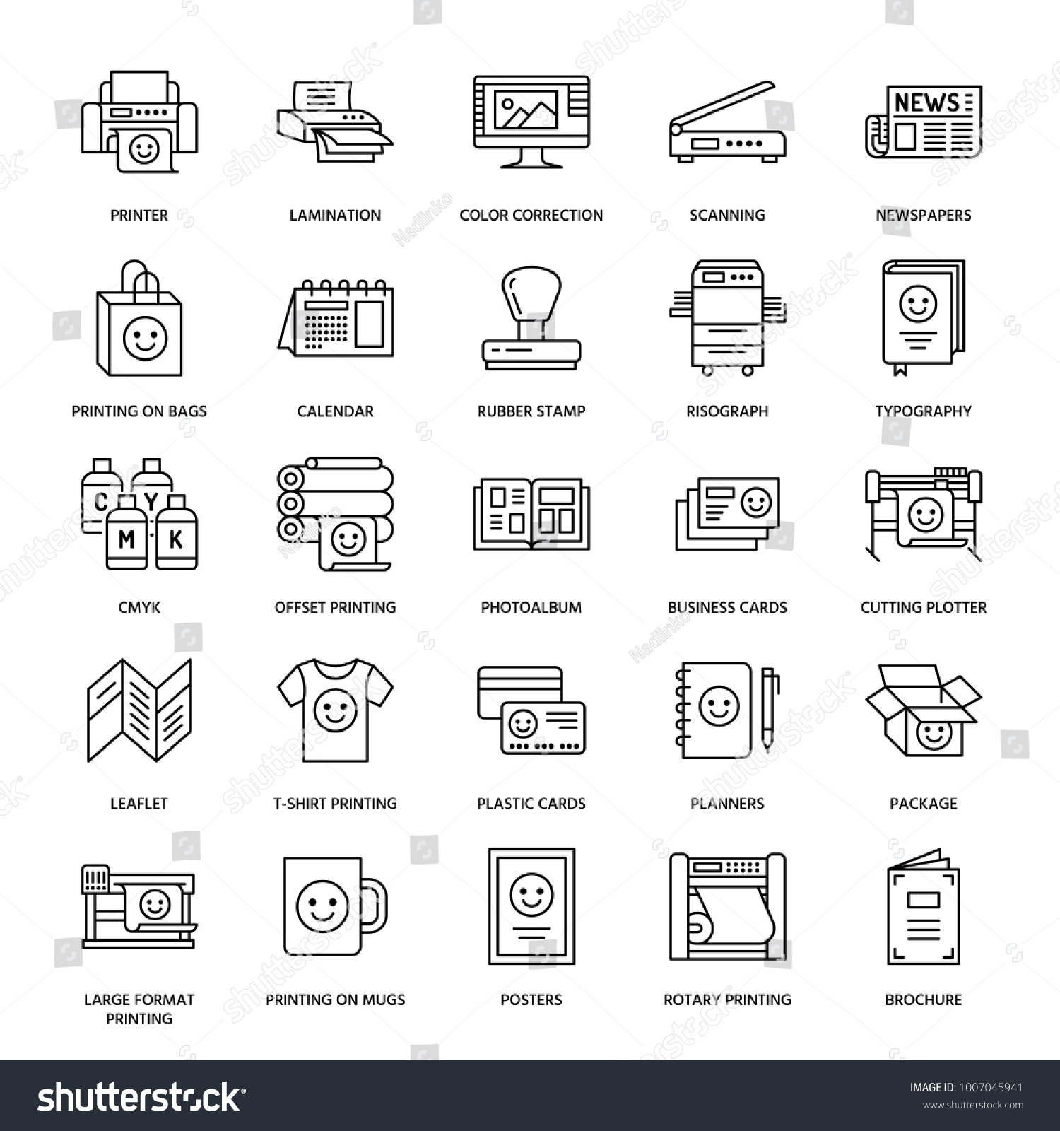 SVG of Printing house flat line icons. Print shop equipment - printer, scanner, offset machine, plotter, brochure, rubber stamp. Thin linear signs for polygraphy office, typography. svg