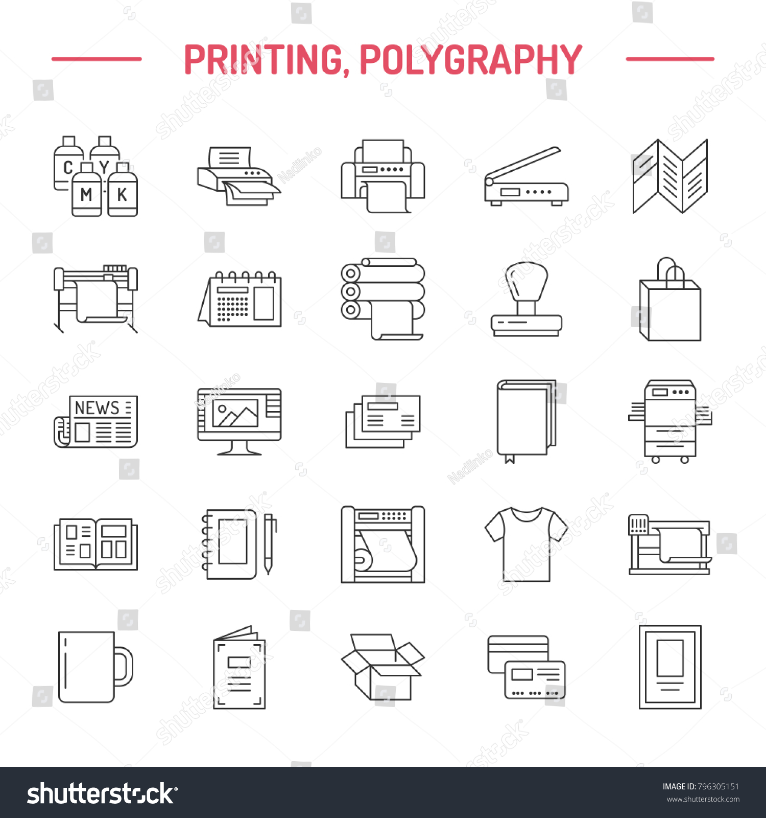 SVG of Printing house flat line icons. Print shop equipment - printer, scanner, offset machine, plotter, brochure, rubber stamp. Thin linear signs for polygraphy office, typography. svg