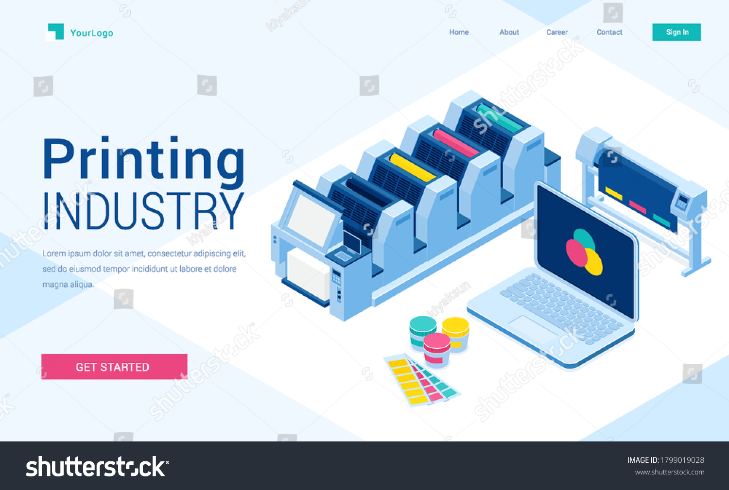 SVG of Printing house polygraphy industry isometric landing page, offset or laser industrial printers, laptop with rgb colors on screen, press business equipment and consumables in office3d vector web banner svg