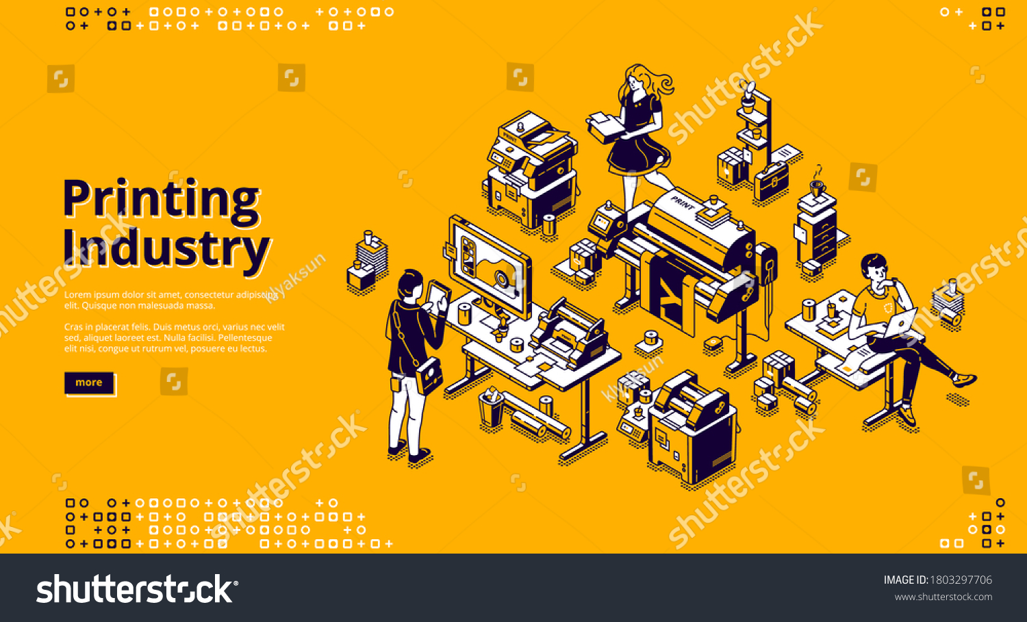 SVG of Printing industry banner. Typography business, polygraphy service. Vector landing page of print house with isometric illustration of press equipment, computer and working people svg