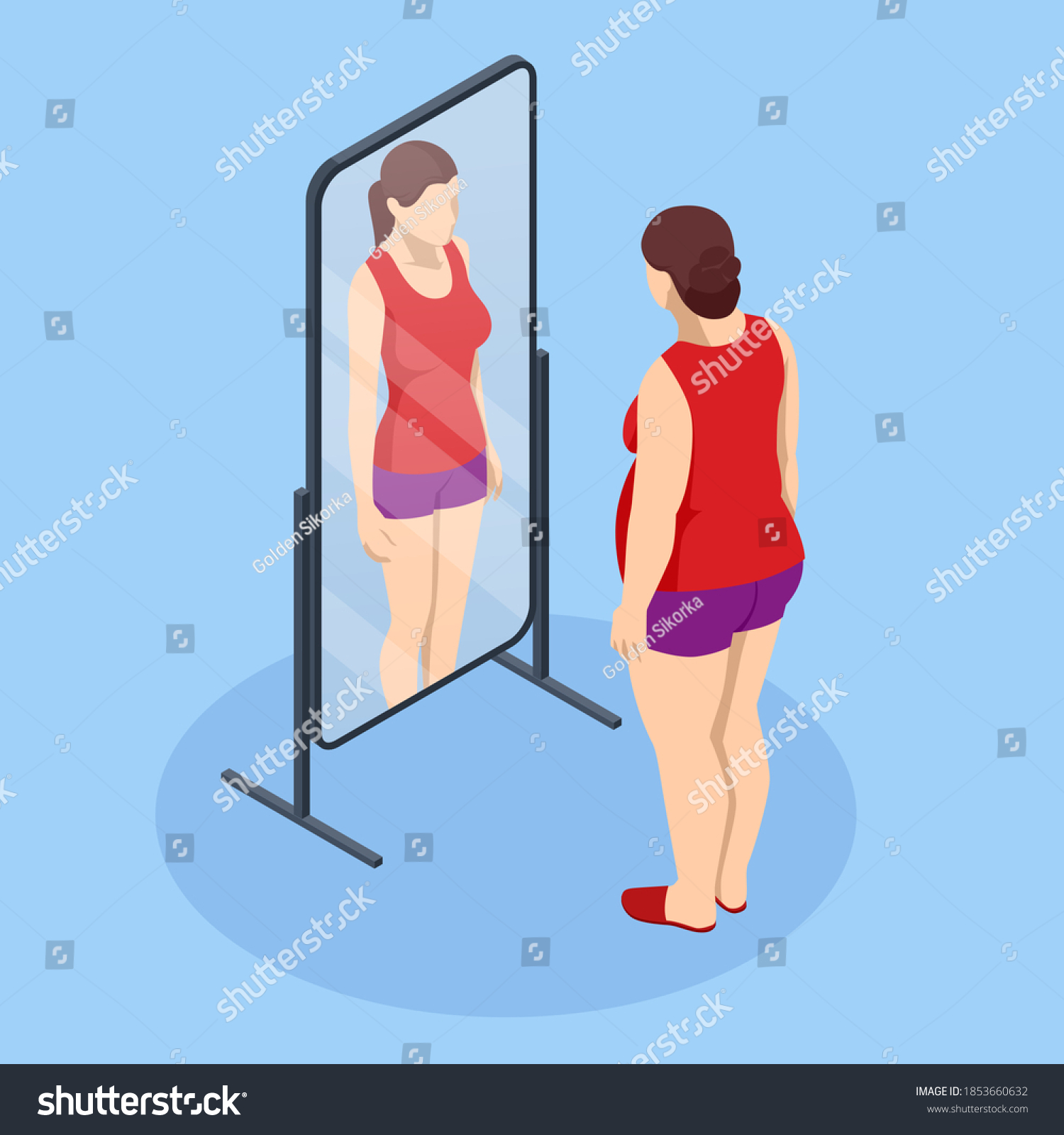 SVG of Problem of excess weight and health. Isometric Fat woman looks in the mirror and sees herself as slim. Health risk, obesity. svg