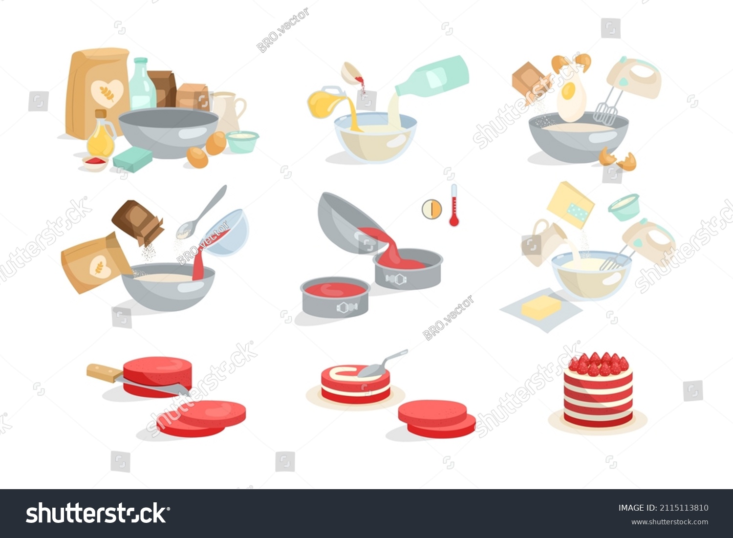 SVG of Process of cooking cake or pie cartoon illustration set. Adding ingredients in bowl step by step, mixing eggs, flour, sugar with blender, preparing dough, baking sweet dessert. Preparation concept svg