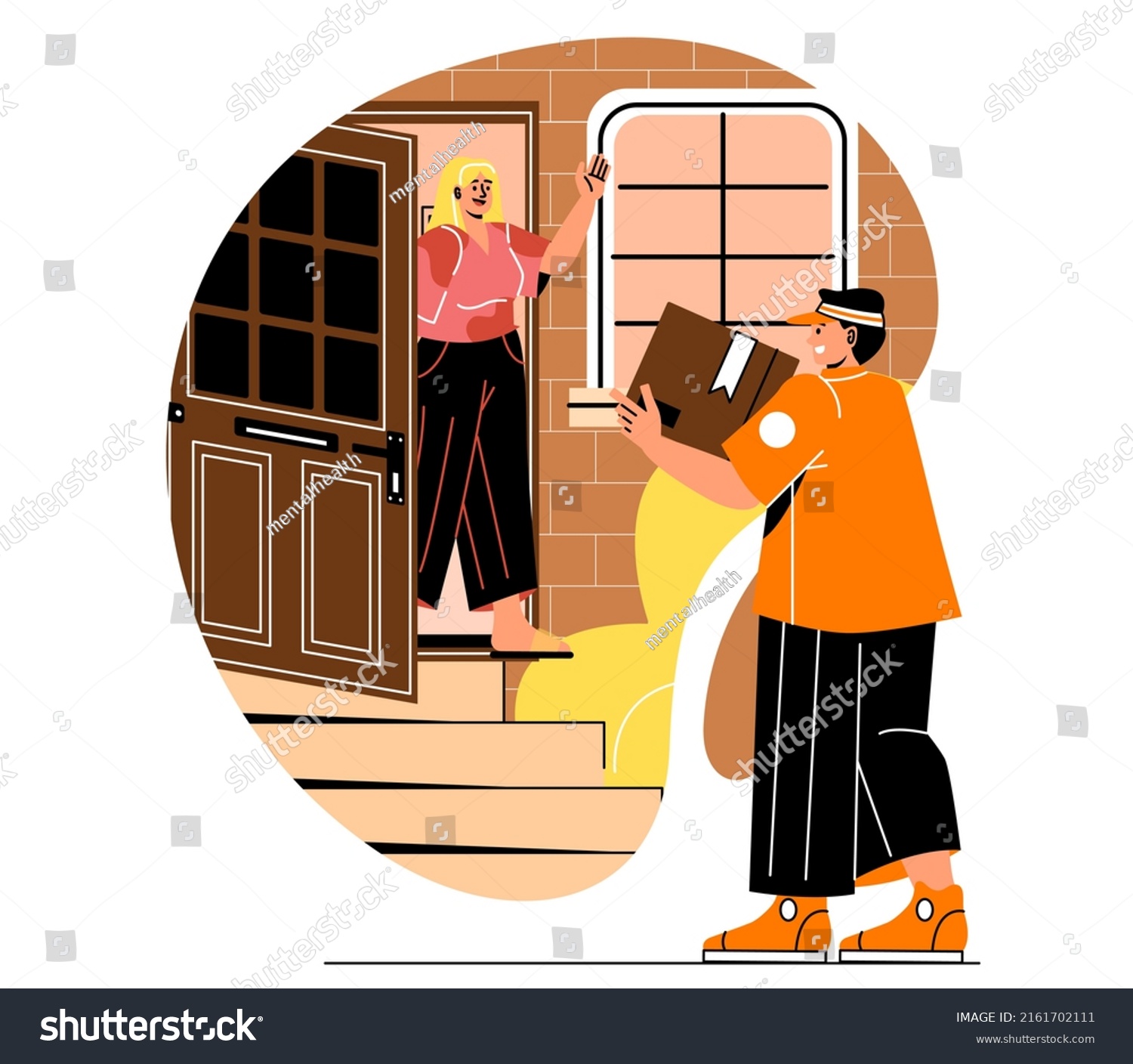 SVG of Process of online order. Young girl opens door to courier with parcel, online shopping and home delivery. Completed order and logistics, man and woman near house. Cartoon flat vector illustration svg