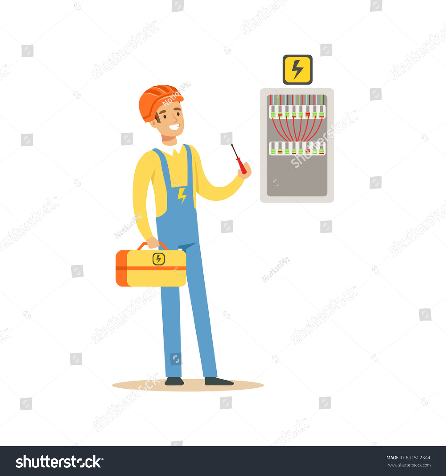 Professional electrician man character screwing equipment in fuse box, electric man perforrming electrical works vector