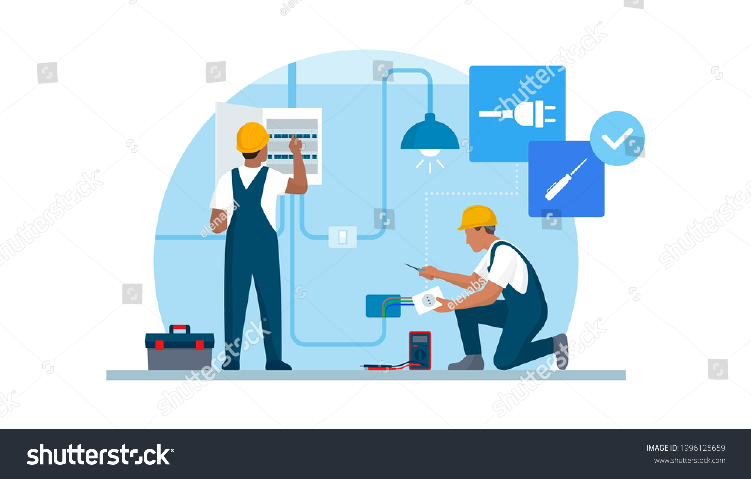 SVG of Professional electricians at work, they are checking the electricity box and installing a socket svg