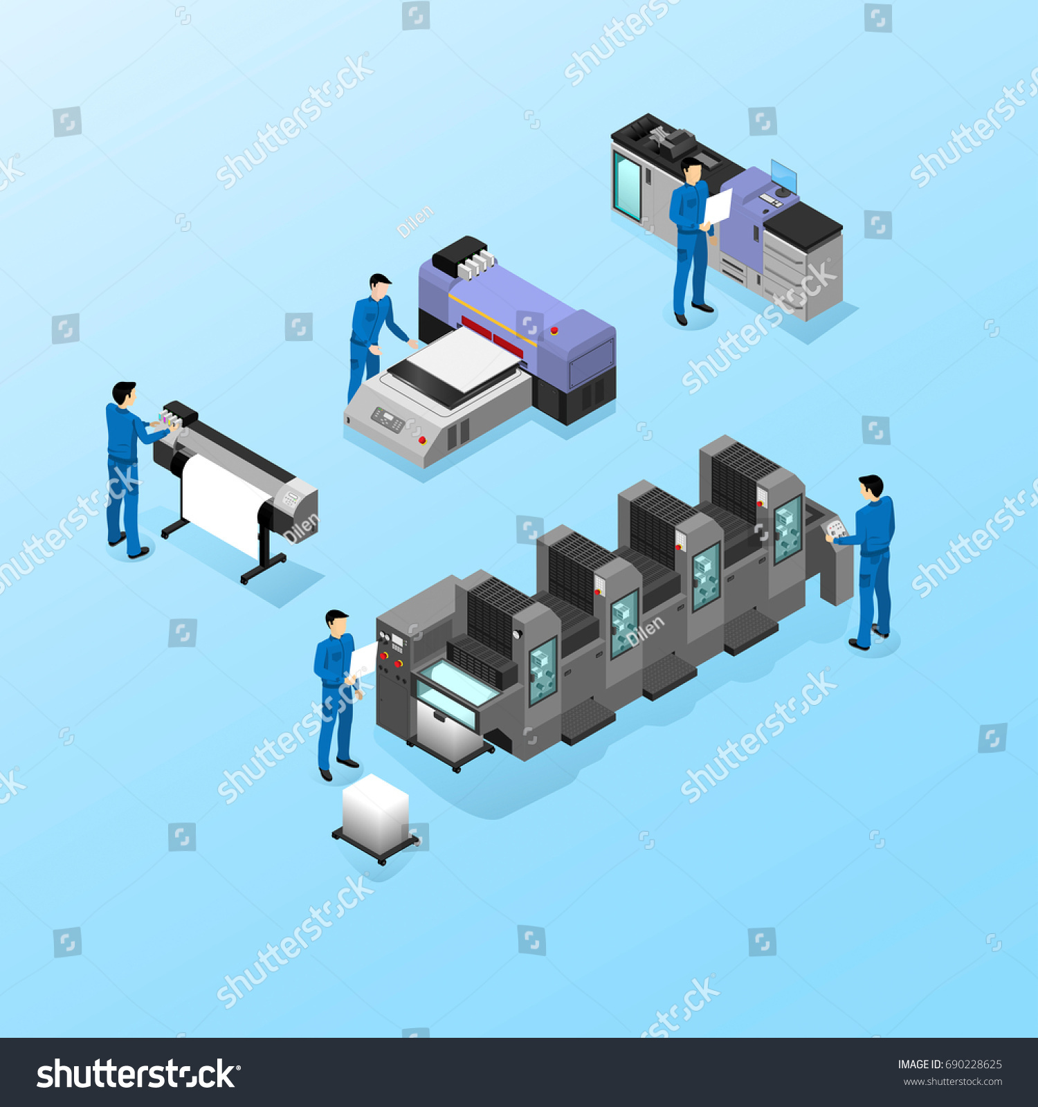 SVG of Professional equipment for various types of printing in the field of advertising, offset and digital as well as inkjet and ultraviolet printing, workers are servicing machines in production svg