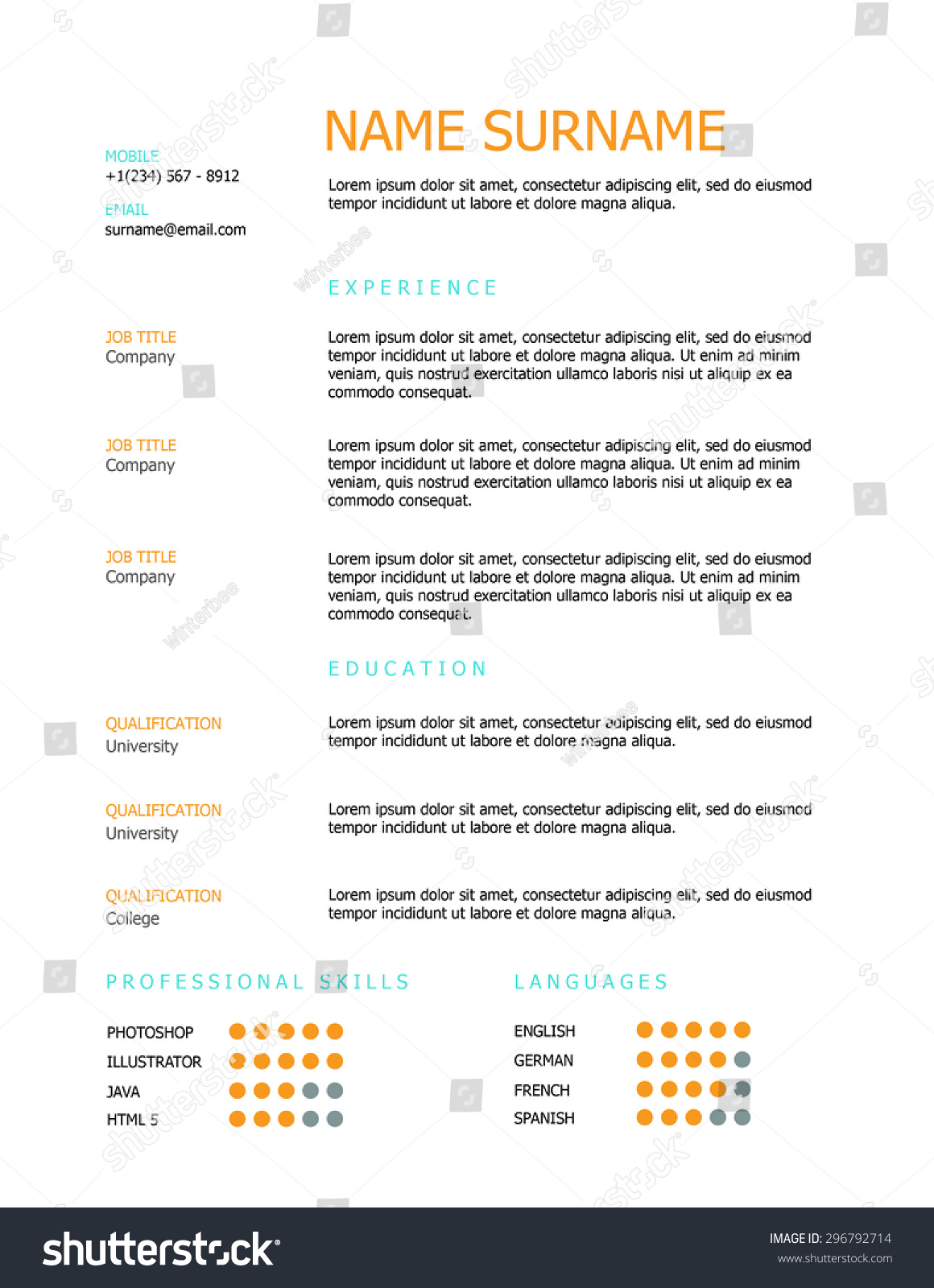 professional minimal resume template design orange stock vector