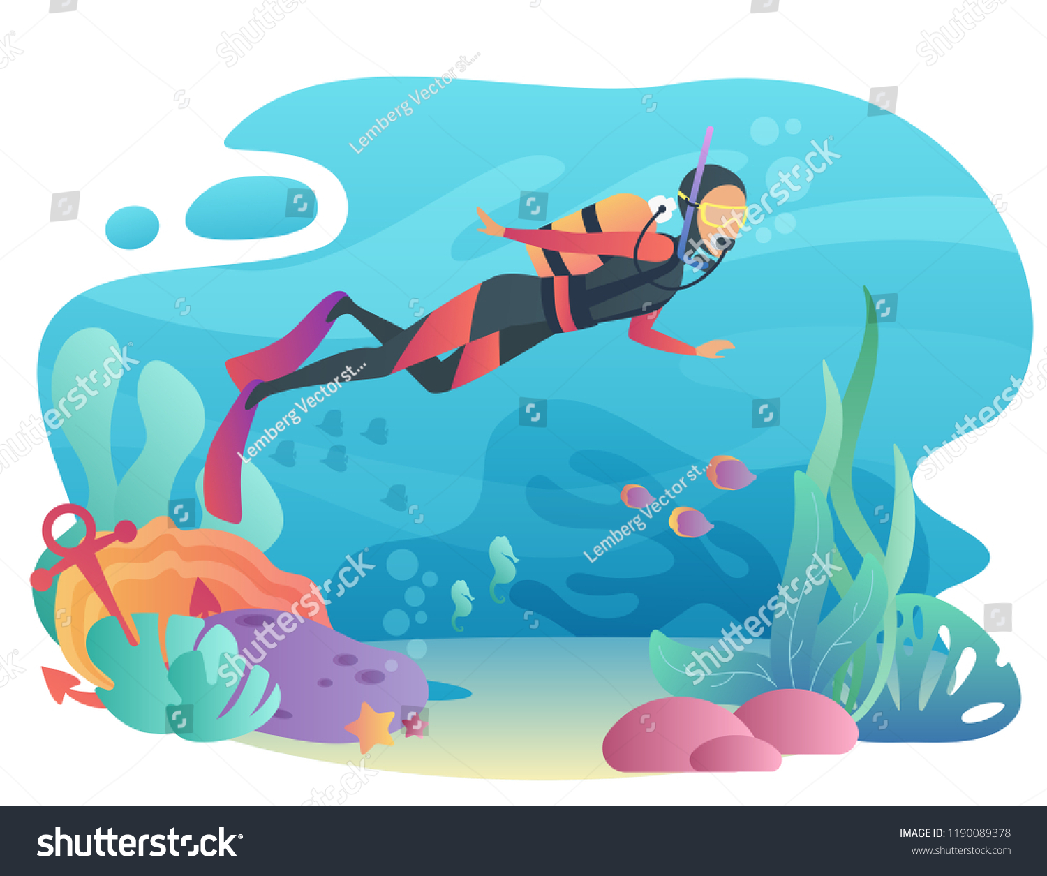 Professional Scuba Diver Man Dives Ocean Stock Vector (Royalty Free ...