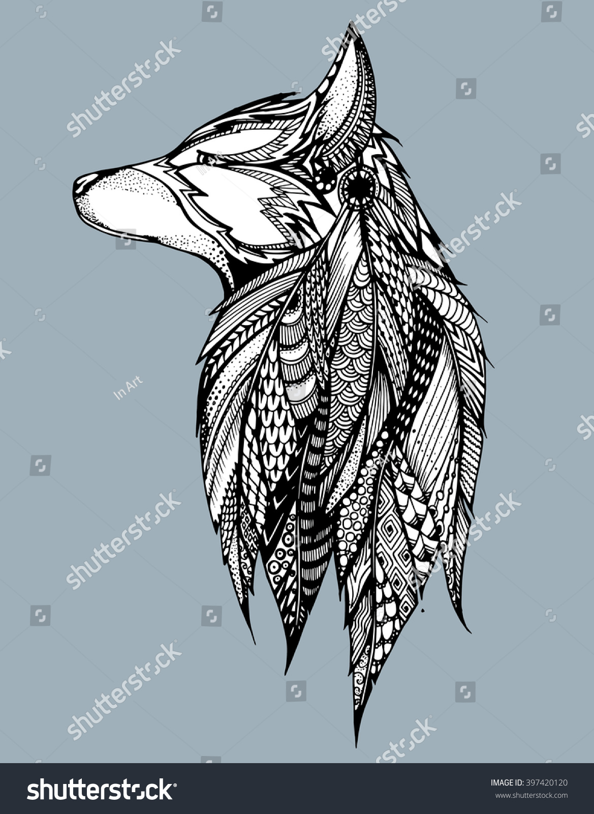 SVG of Profile wolf. Howling wolf. Portrait of a wolf. Stylized dog. Head. Line art. Black and white drawing by hand. Zentangl. svg