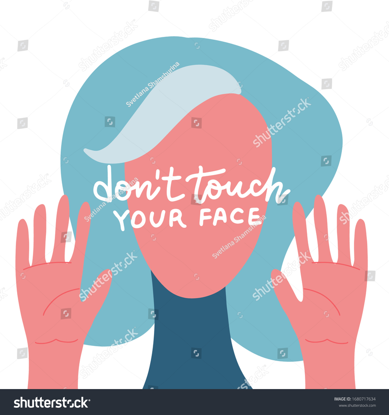 SVG of Prohibition of touching the face. Woman's face with raised hands and lettering inscription on her face. Vector flat illustration. svg