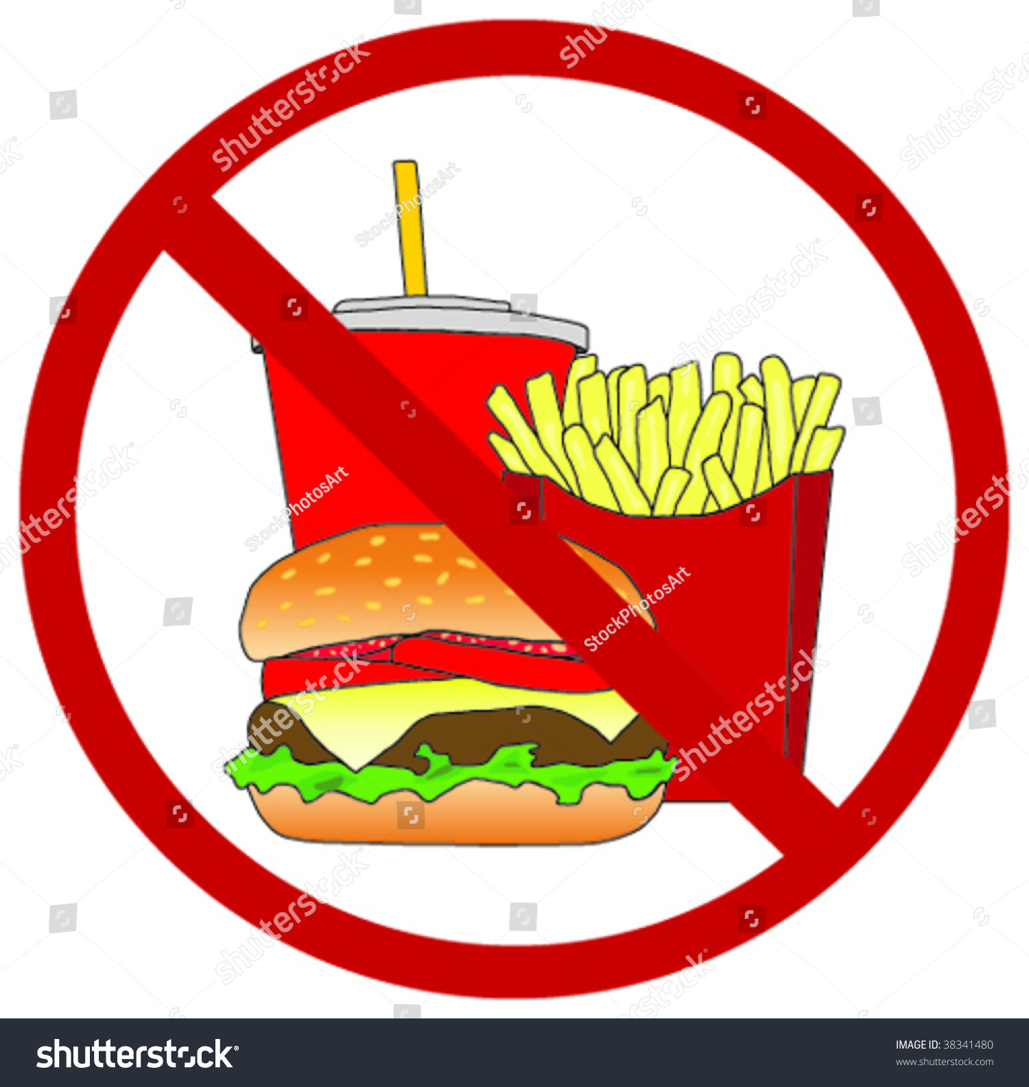 Prohibition Sign Over A Fast Food Meal With Hamburger, French Fries And ...