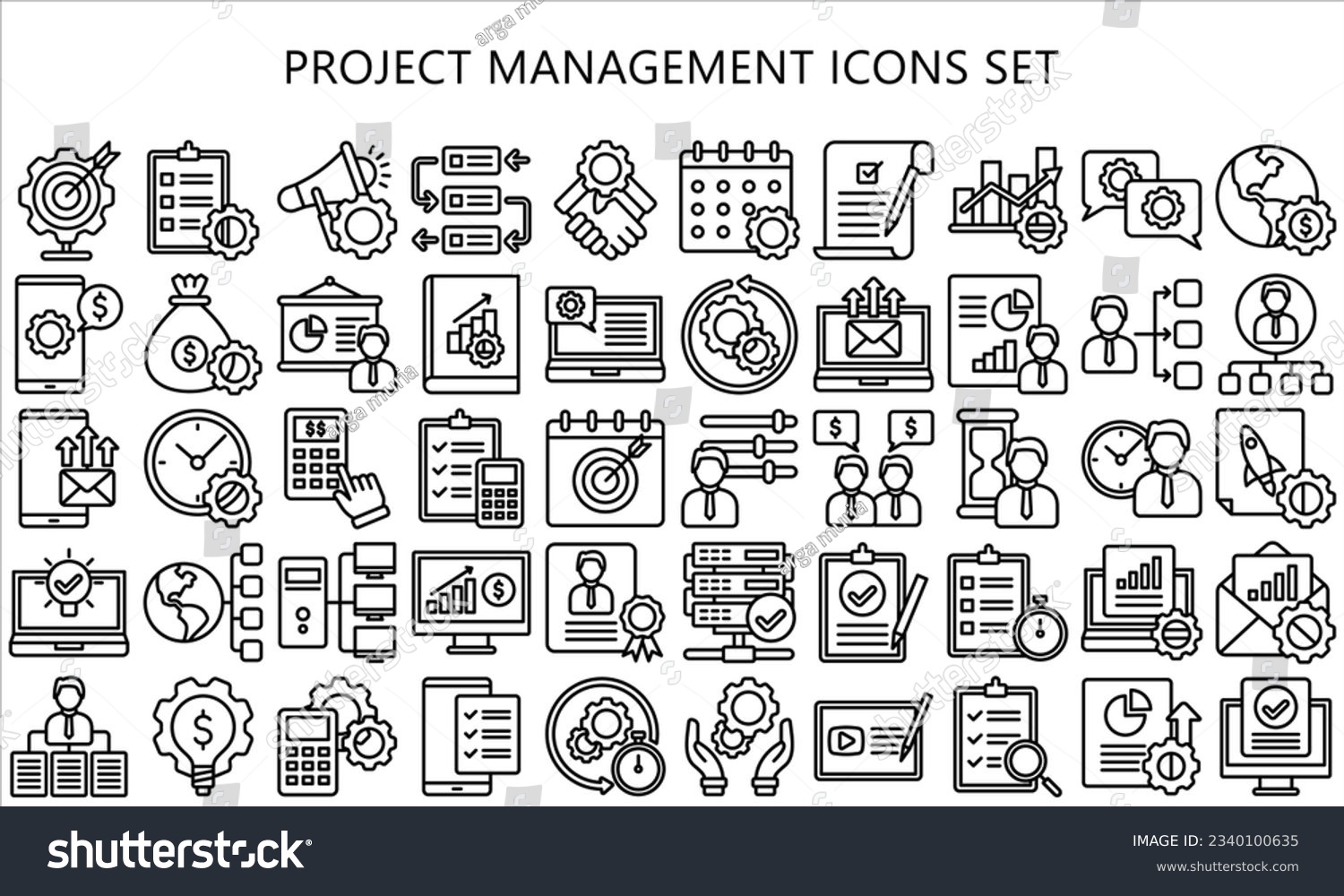 SVG of Project Management black outline icons set, contain data analysis, graph, finance, network, idea and more. use for modern concept, UI or UX kit, web and app. vector EPS 10 ready convert to SVG. svg