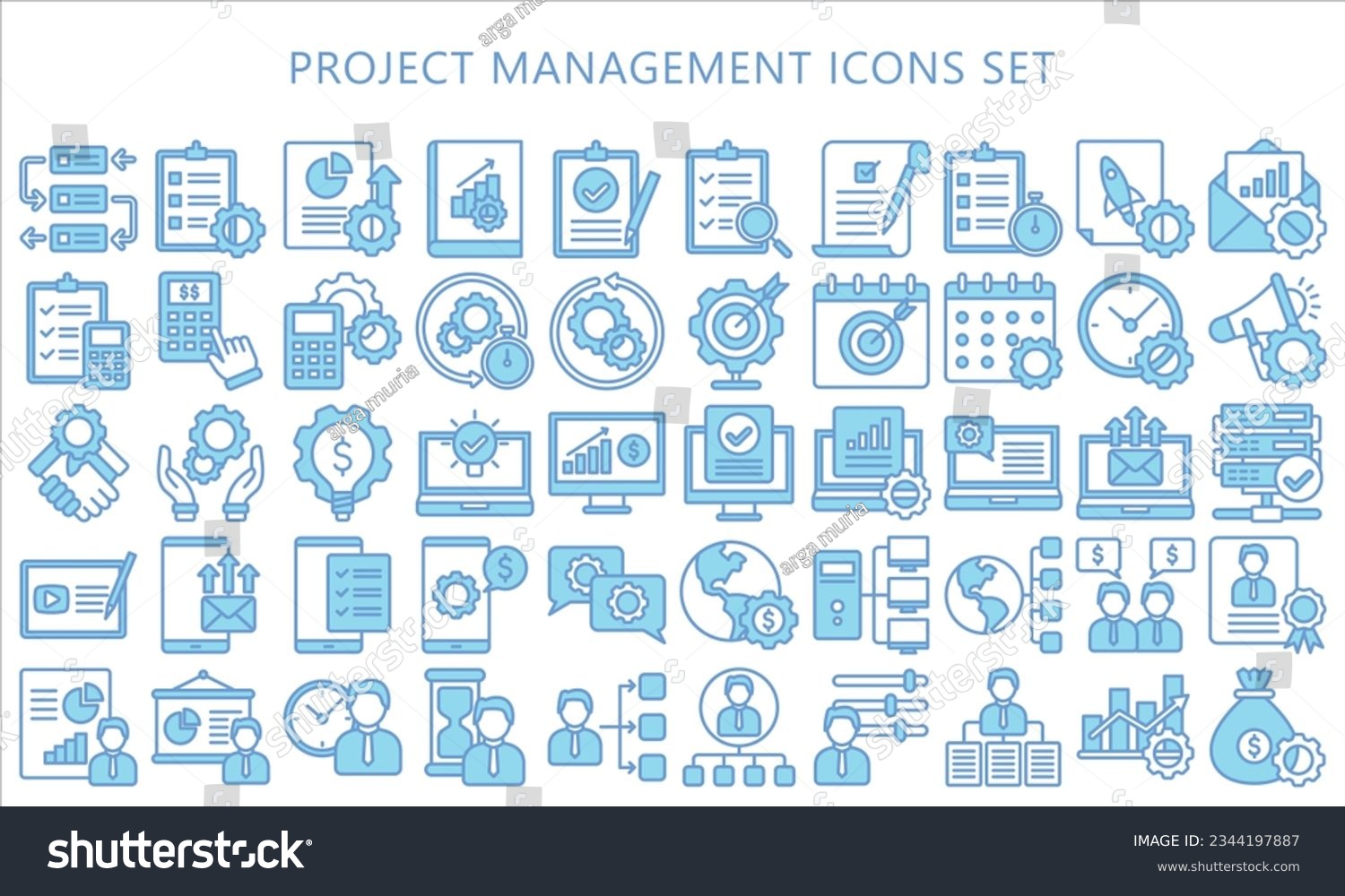 SVG of Project Management blue color icons pack, contain data analysis, graph, finance, network, idea and more. use for modern concept, UI or UX kit, web and app. vector EPS 10 ready convert to SVG. svg