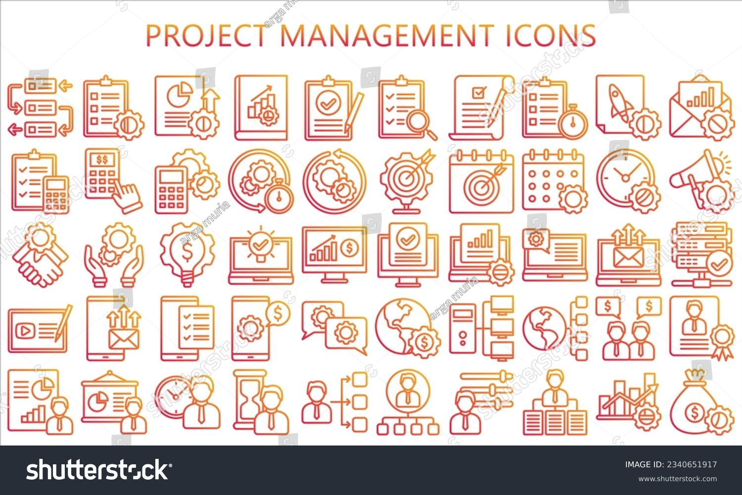 SVG of Project Management gradient outline icons set, contain data analysis, graph, finance, network, idea and more. use for modern concept, UI or UX kit, web and app. vector EPS 10 ready convert to SVG. svg