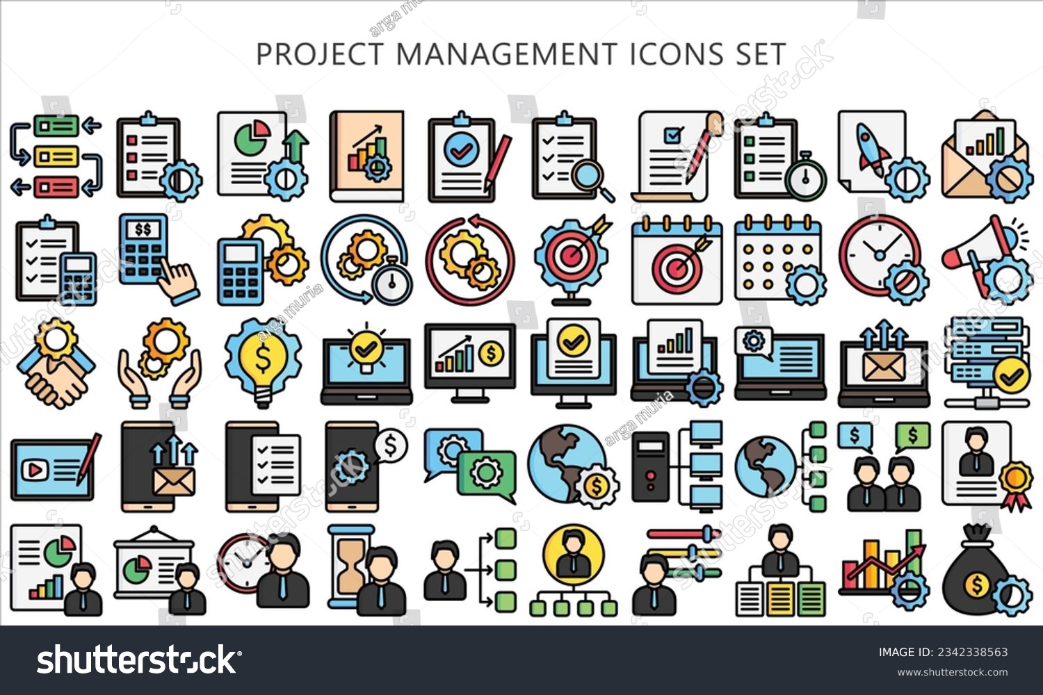 SVG of Project Management lineal multi color icons set, contain data analysis, graph, finance, network, idea and more. use for modern concept, UI or UX kit, web and app. vector EPS 10 ready convert to SVG. svg