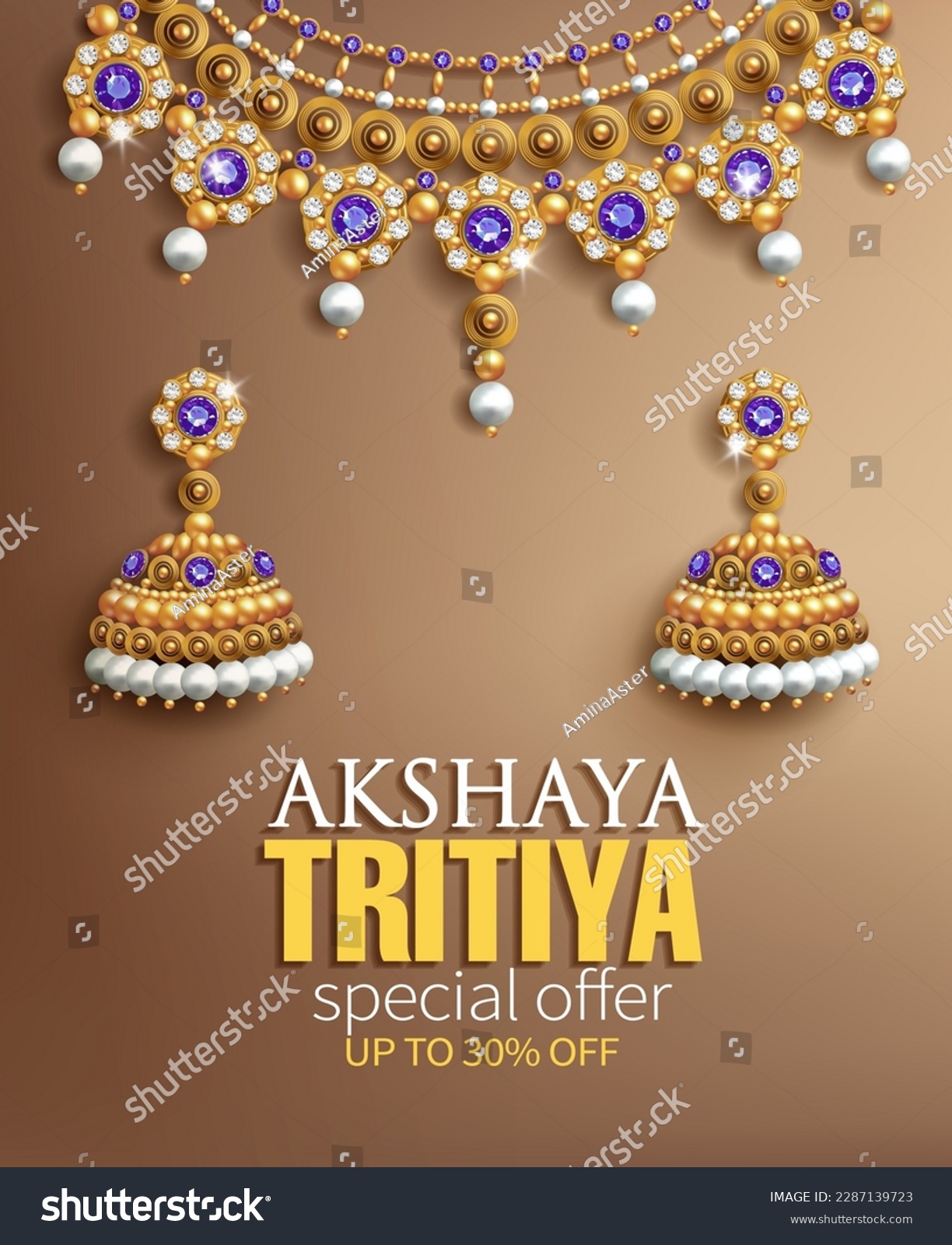 SVG of Promotion banner for Indian festival Akshya Tritiya. Gorgeous gold necklace and earrings with pearls, blue gems and diamonds on silk background. Vector illustration. svg